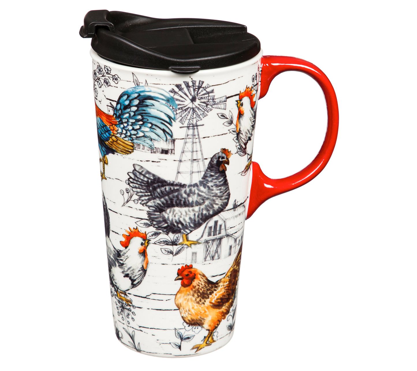 Evergreen 17oz.Ceramic Chicken Collage Travel Cup