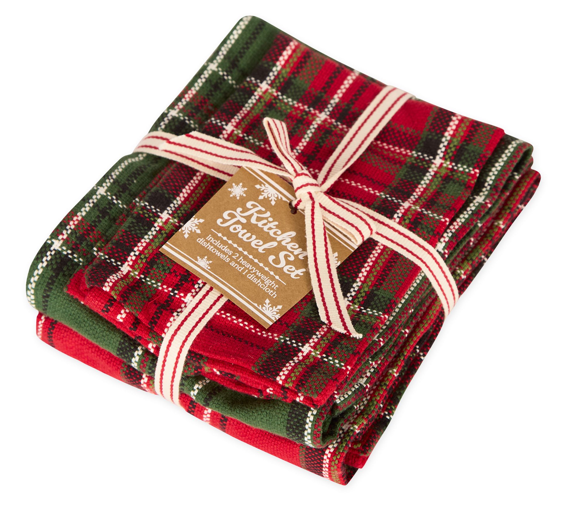 Design Imports S/3 Boughs Of Holly Plaid Kitchen Linens