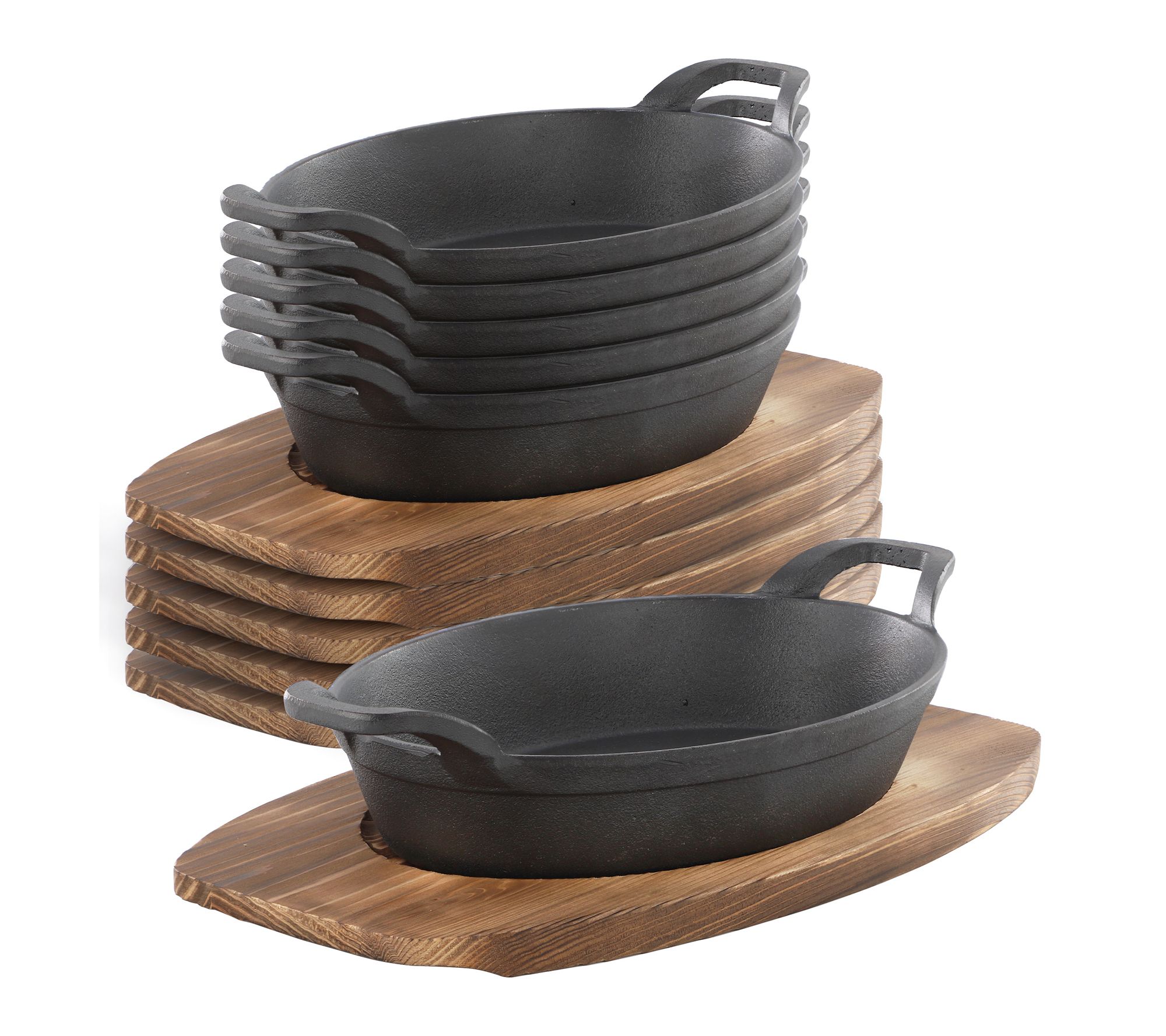 MegaChef 6 Piece Mini Cast Iron Oval Pan with Wood Tray Set