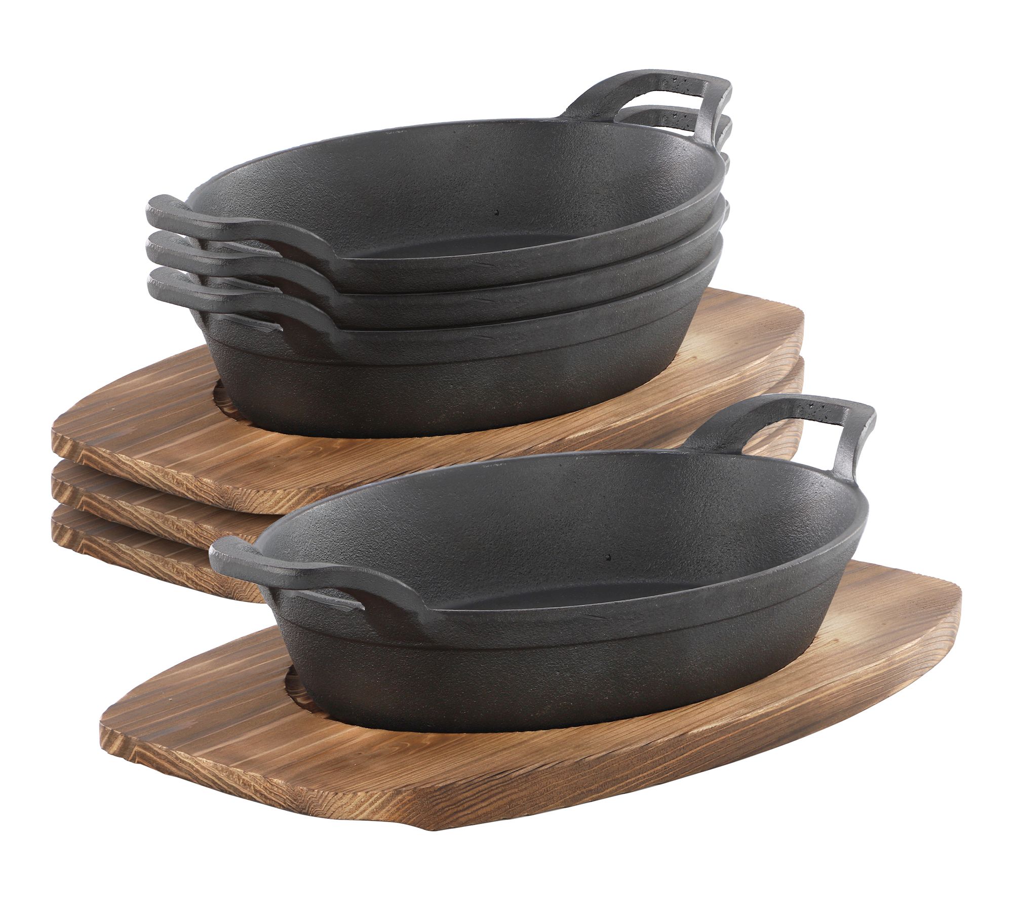 MegaChef 4 Piece Mini Cast Iron Oval Pan with Wood Tray Set