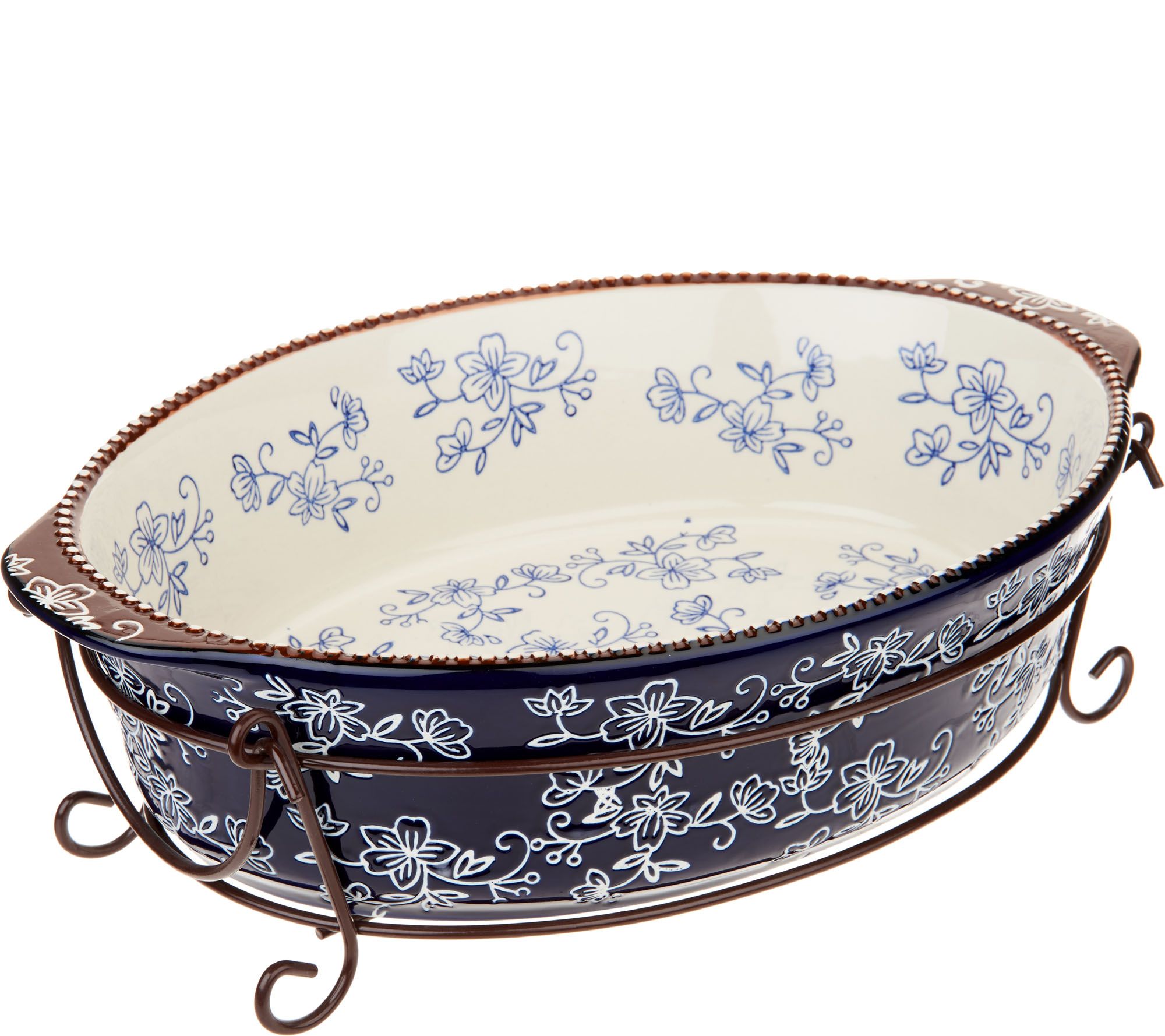 Stoneware Cookware , Temptation, Floral Lace Pattern ,lidded Cassoulet With  Rack 