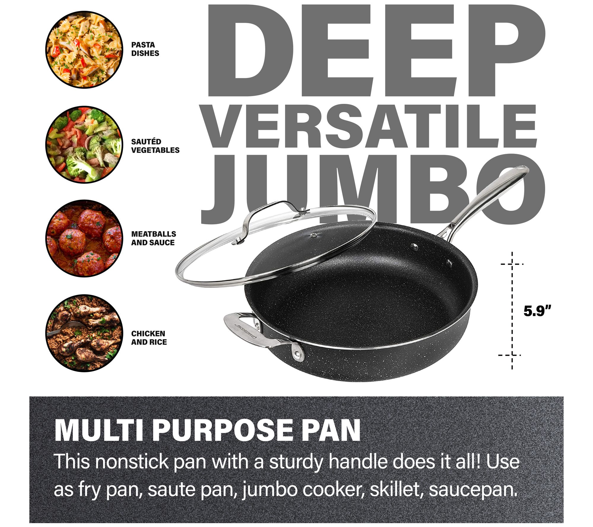 Giant Jumbo 5 Quart Non Stick Frying Cooker Pan Skillet Fry Saute Covered  Lid