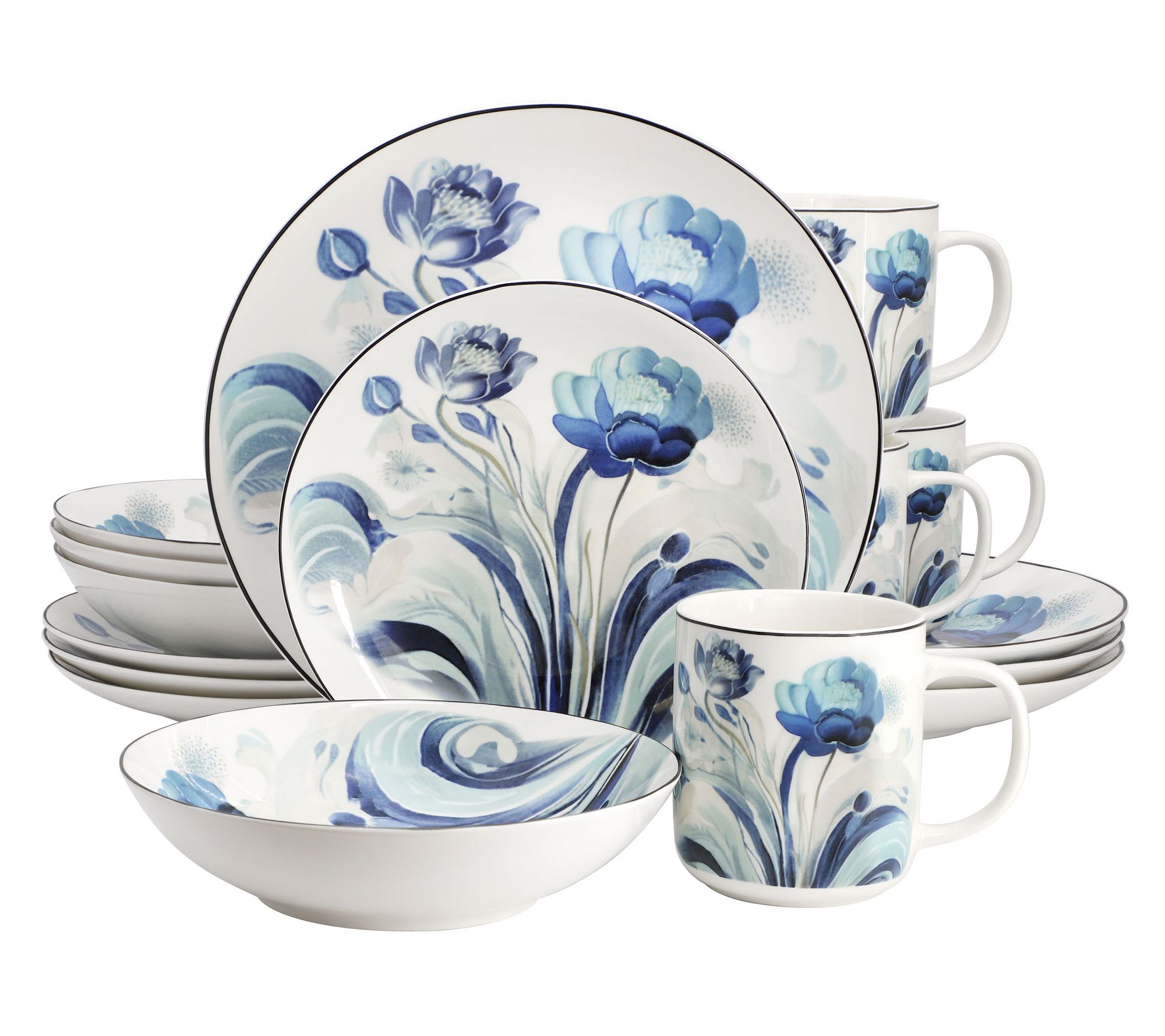 Elama Peony Garden 16 Piece Round Porcelain Dinnerware Set