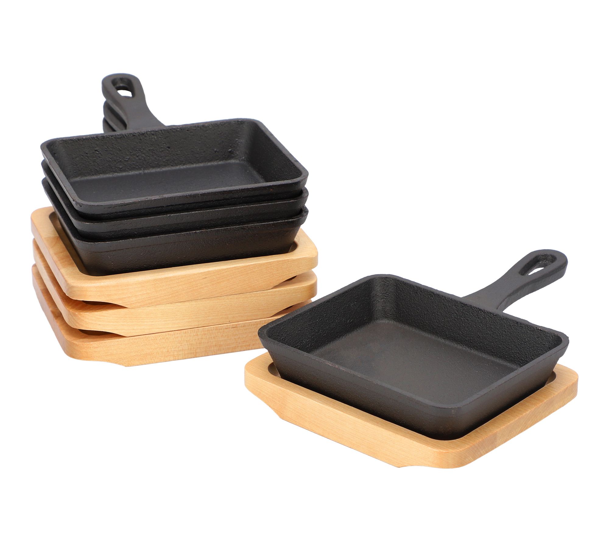 MegaChef 4 Piece Mini Cast Iron Square Pan with Wood Tray