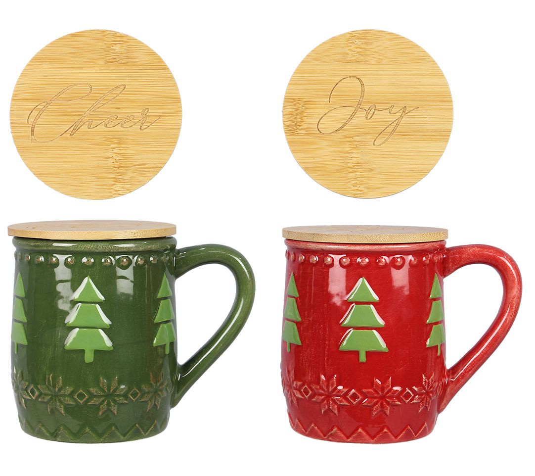 Candy Cane Holiday Mugs Set of 2 - Includes Spoons & Coasters