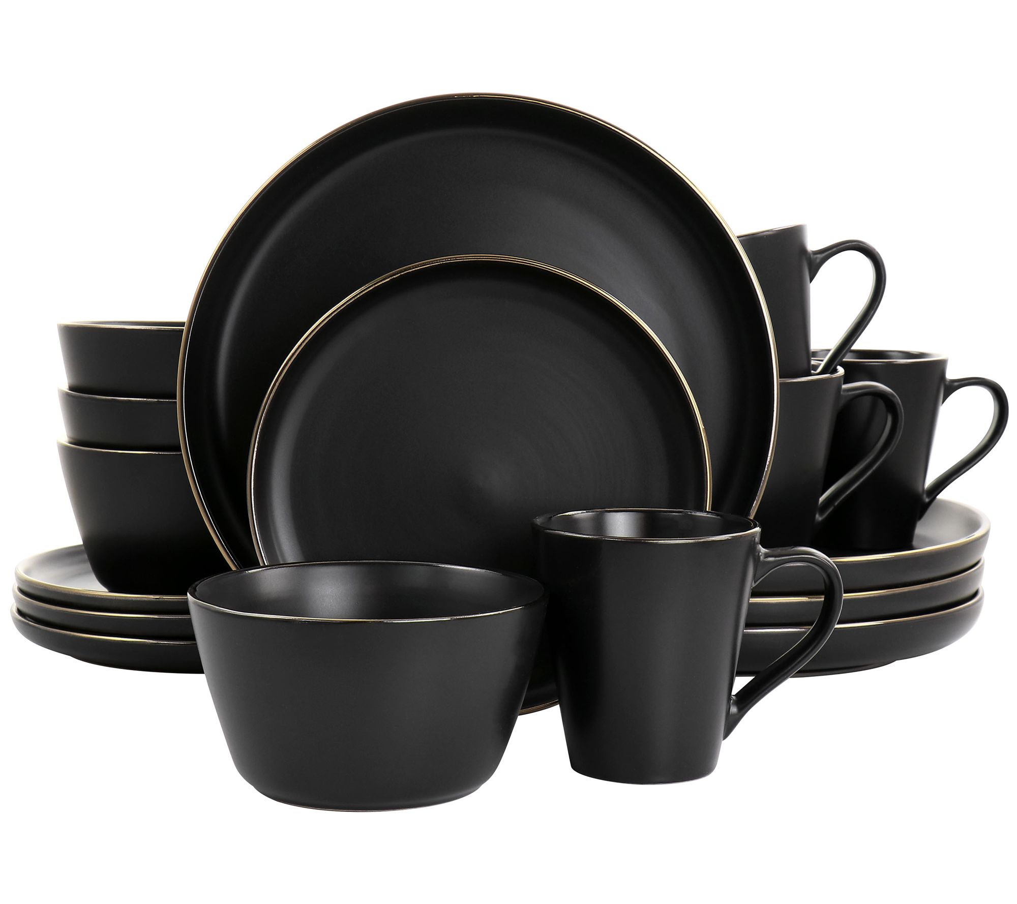 Elama 16-Piece Stoneware Dinnerware Set in Blac k with Gold Ri