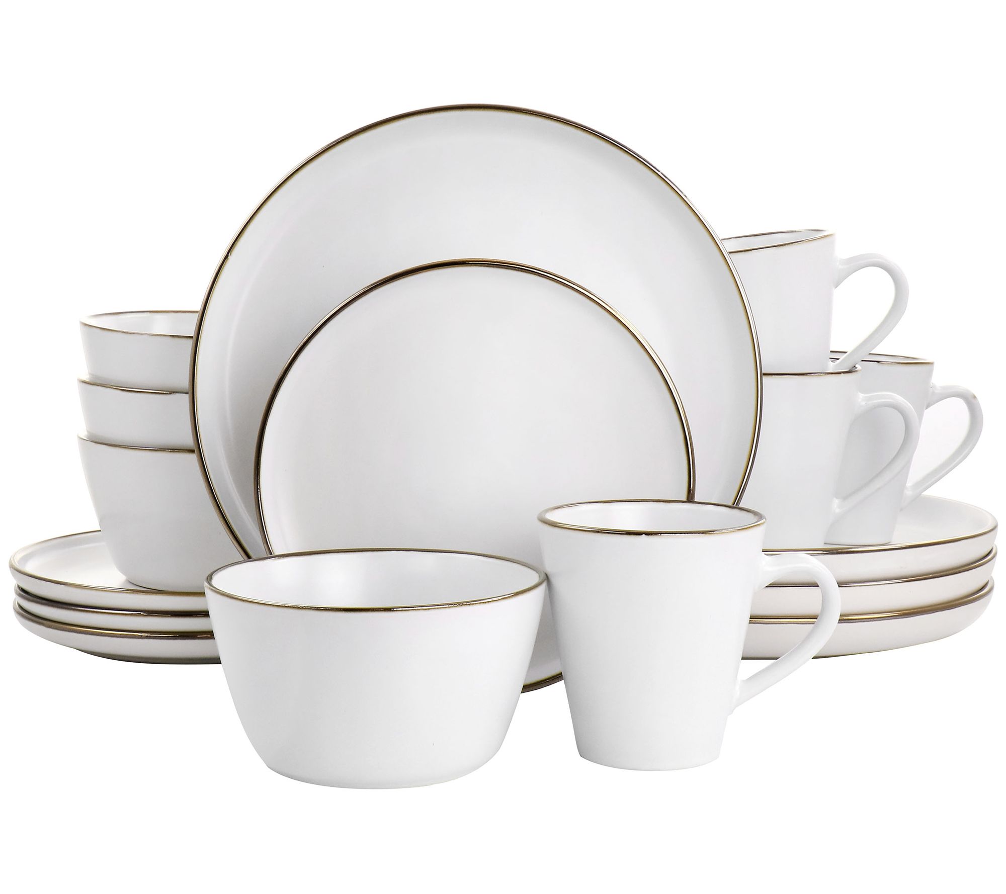 Elama 16-Piece Stoneware Dinnerware Set in Blac k with Gold Ri