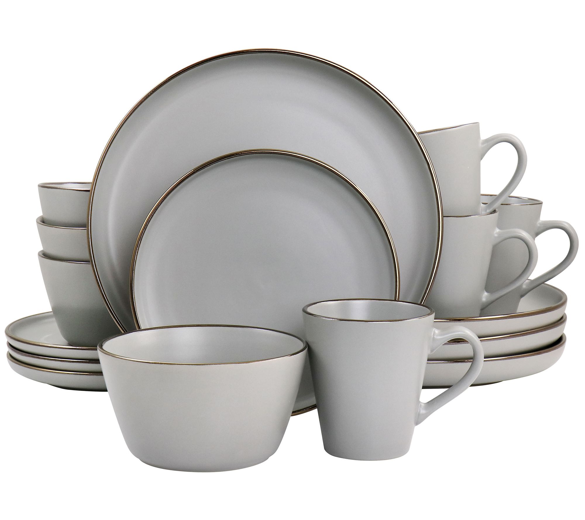 Elama 16-Piece Stoneware Dinnerware Set in Blac k with Gold Ri