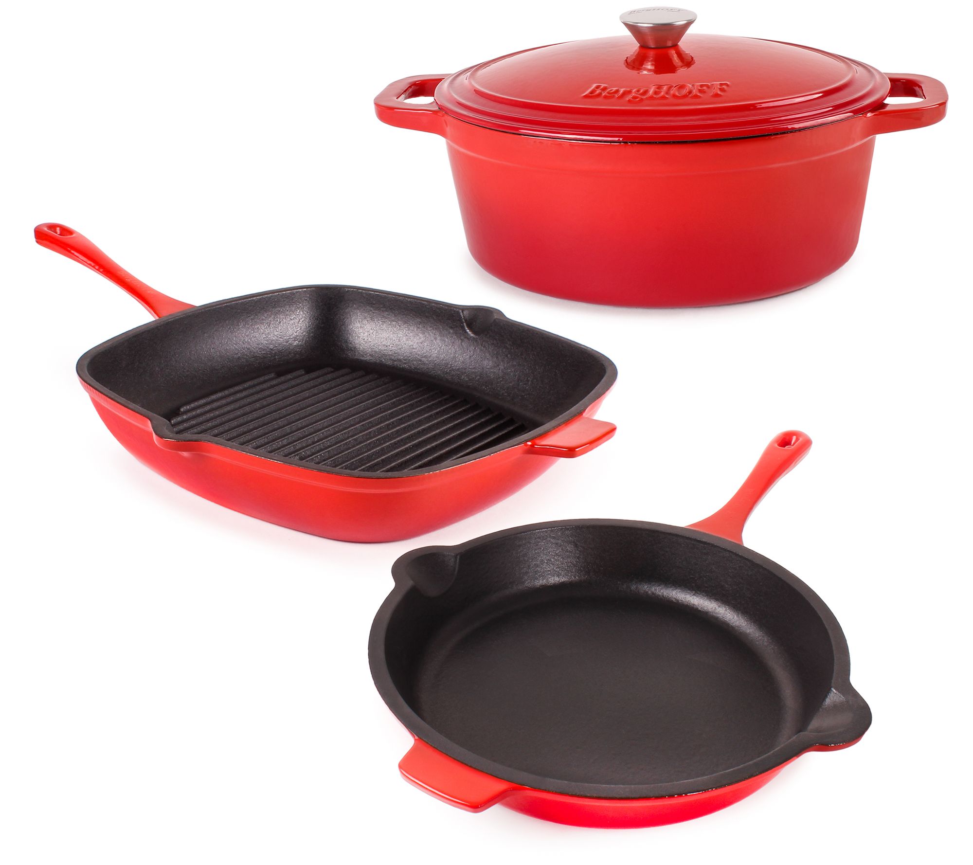 BergHOFF Neo Cast Iron Grill Pan, Frypan & OvalDutch Oven Se