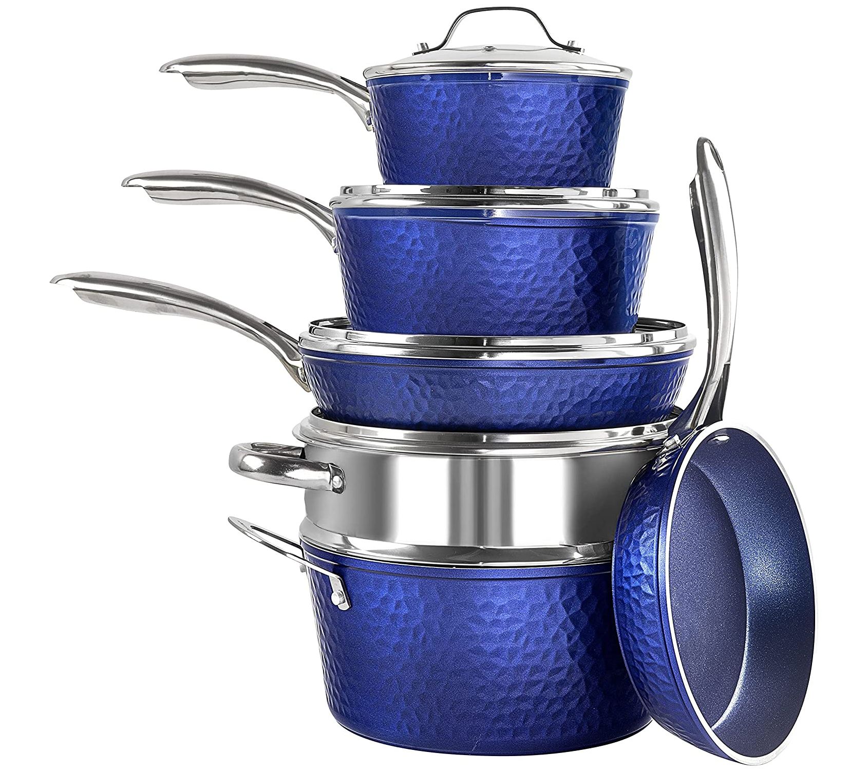 15 Piece Hammered Cookware Set Nonstick Granite Coated Pots and Pans Set  Blue