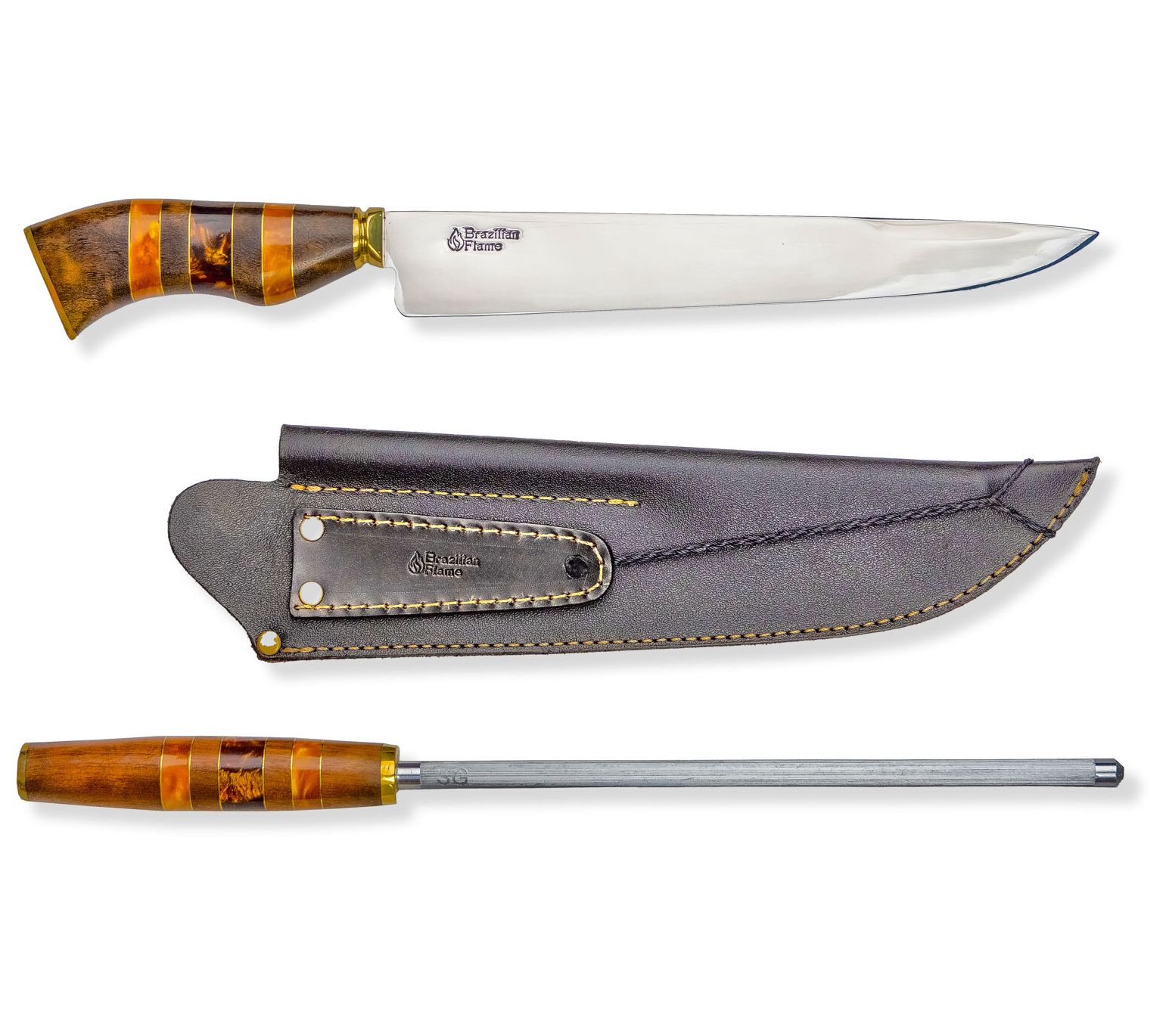 Brazilian Flame Ribs 10-inch Stainless Knife w/Sharpener