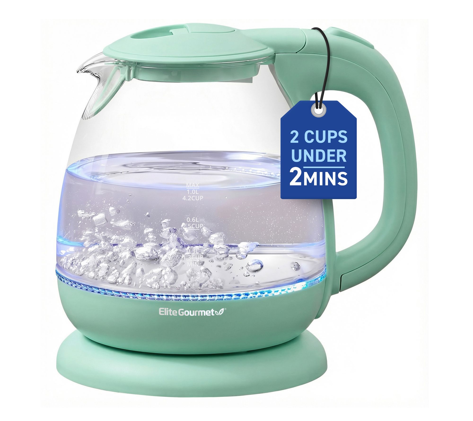 Elite Gourmet 1.0L Glass Electric Kettle with Blue LED