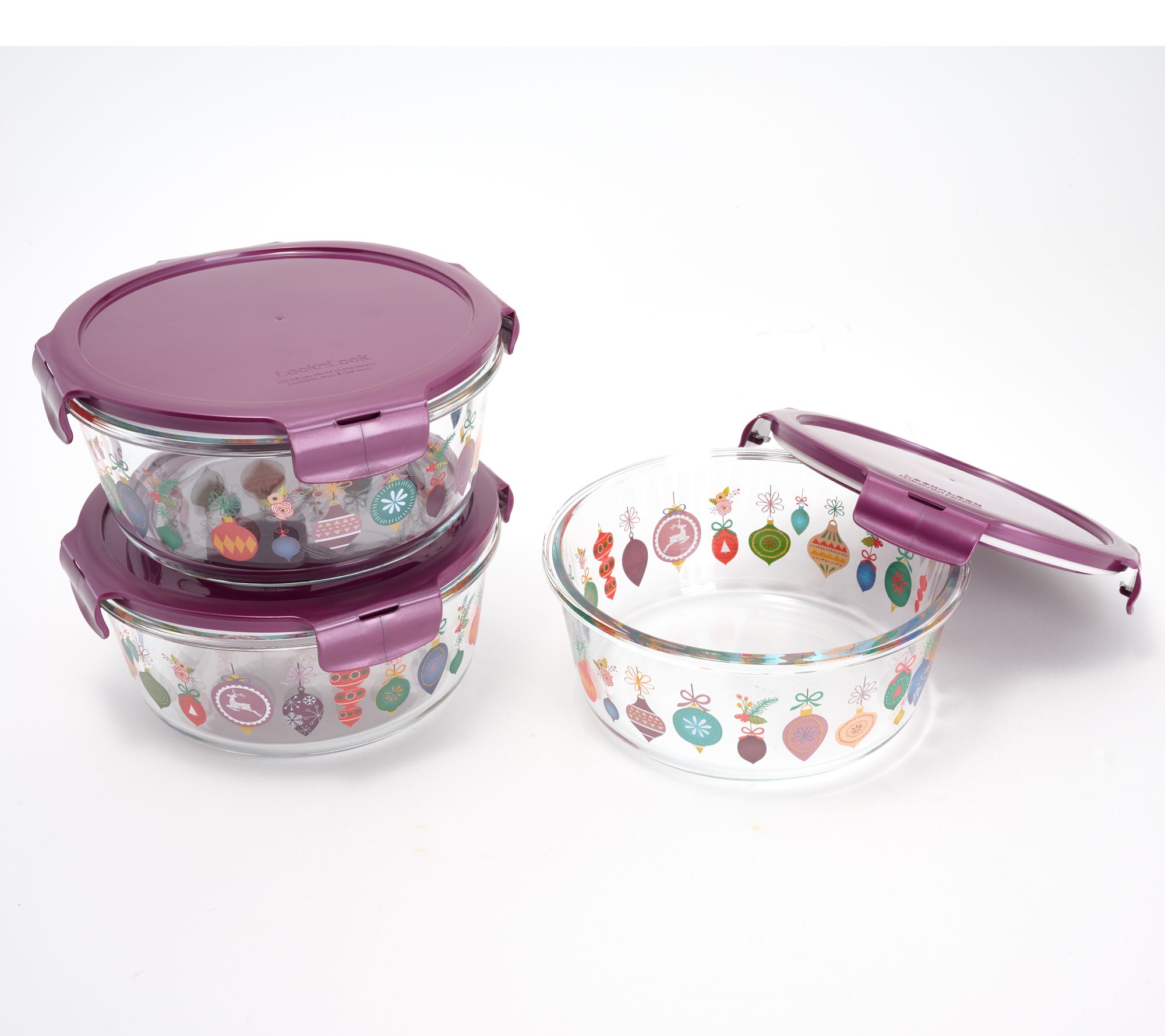 LocknLock Set of (3) 4-Cup Holiday Printed Glass Bowls