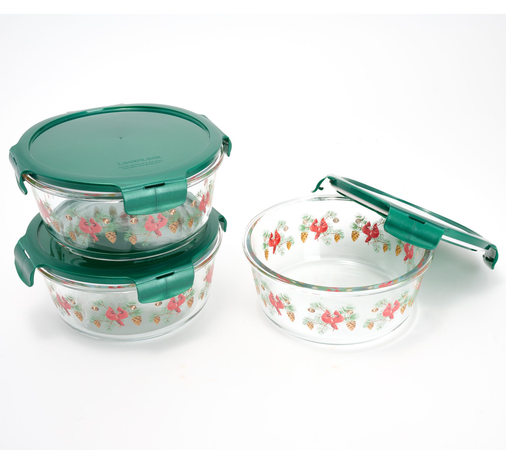 LocknLock Set of (3) 4-Cup Holiday Printed Glass Bowls