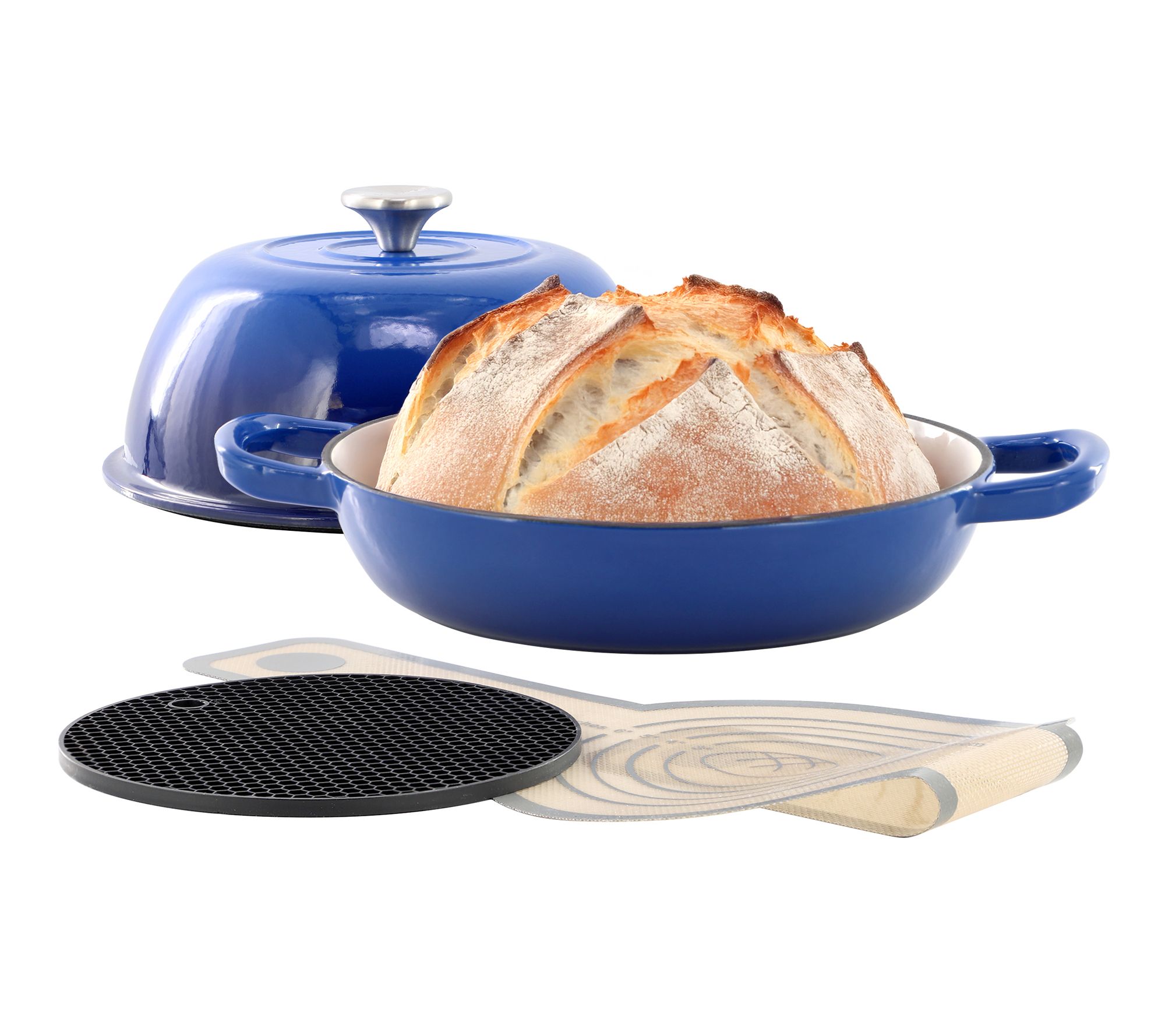MegaChef 6qt Enameled Cast Iron Bread Pot Bluewith Baking Mat