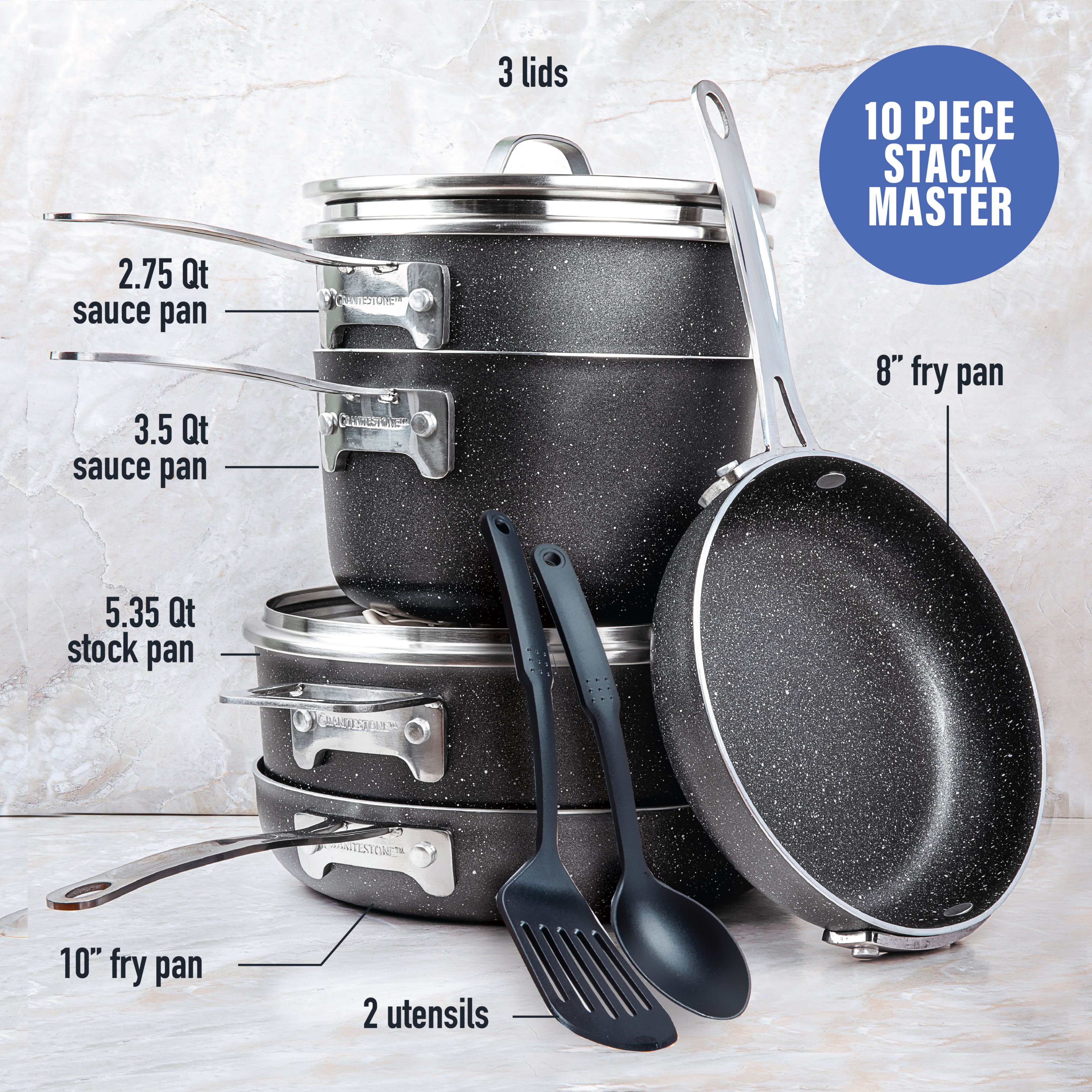  Granitestone Original Stack Master 10 Piece Cookware Set,  Triple Layer Nonstick Granite Stone with Diamond infused Coating,  Dishwasher Oven Safe, Non-Toxic Pots and Pans, Large, Black : Everything  Else