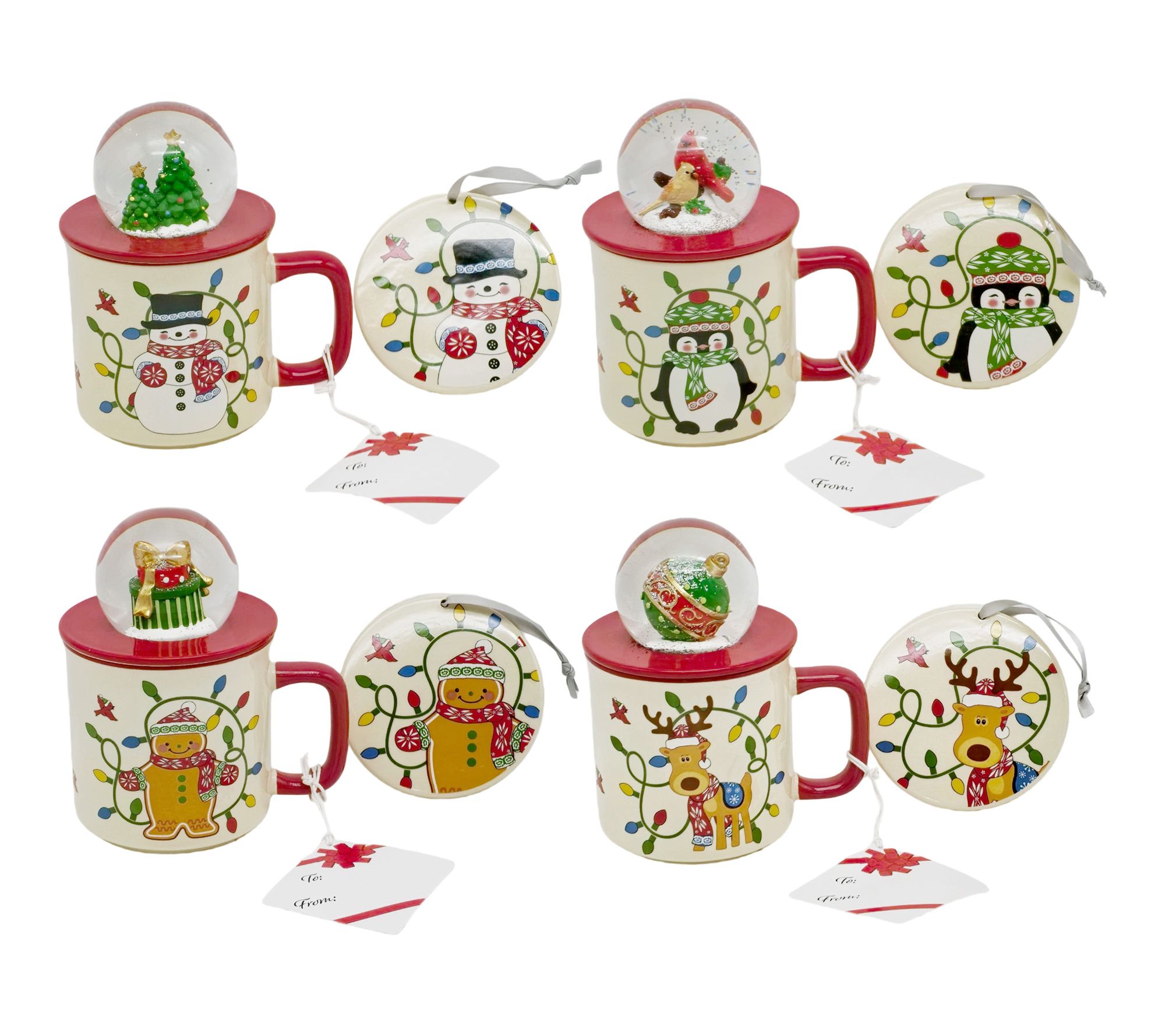 Temp-tations Set of 4 18oz Mugs with Snow Globe Topper & Lid-It