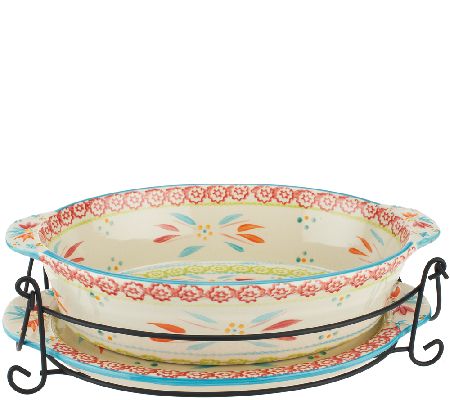 Temptations Old World Holiday 2.5 QT COVERED CASSEROLE BAKING DISH & Wire  Holder