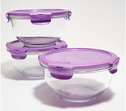 LocknLock Set of 3 Glass Prep & Serve Bowls with Locking Lids 