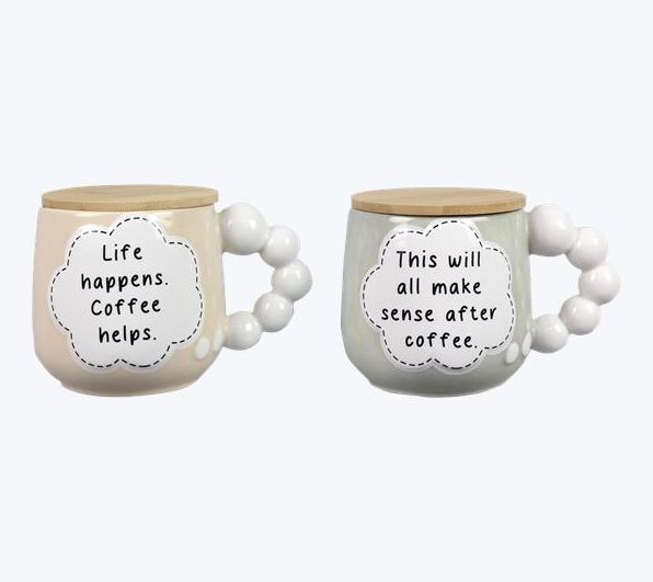 Young's S/4 Ceramic Thought Bubble Mugs w/ Bamboo Lid/Coaster