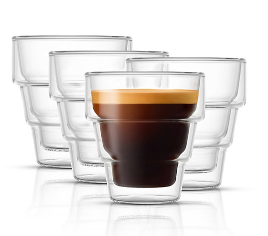 JoyJolt Set of (4) 3-oz Pila Double-Wall Espresso Glass Cups 