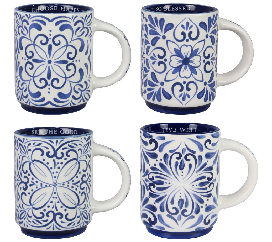 Young's Inc. Set of 4 Blue/White Talavera Mugs