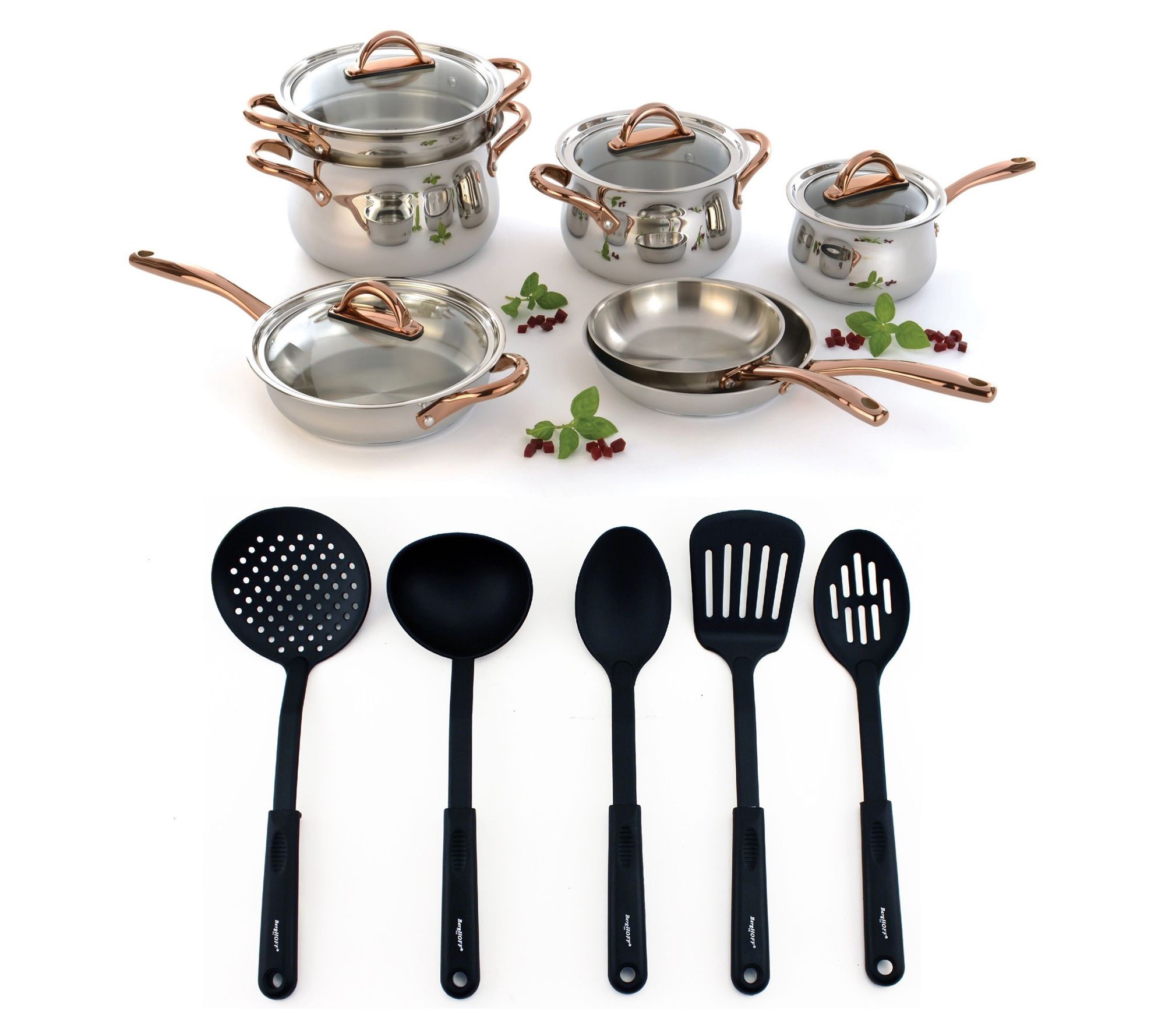 BergHOFF Ouro G old 16Pc 18/10 SS Cookware Set with Glass Lid