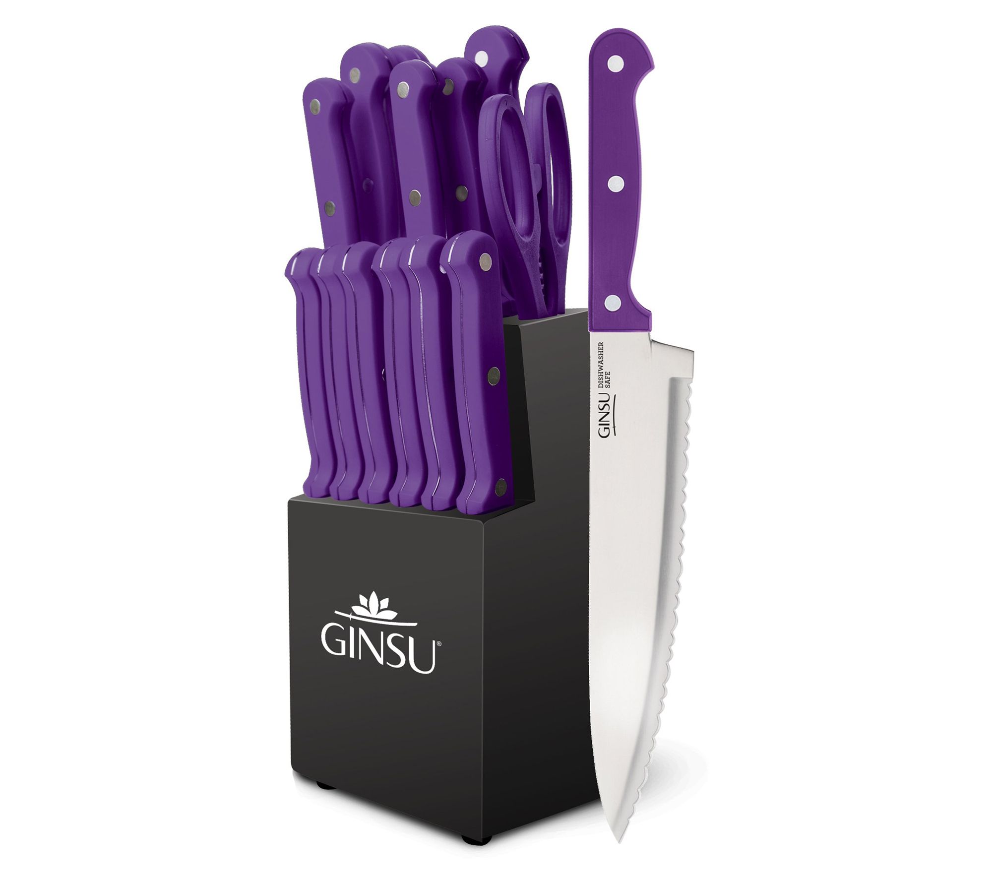 Ginsu Kiso Dishwasher Safe Purple 14 Piece Set Black Block