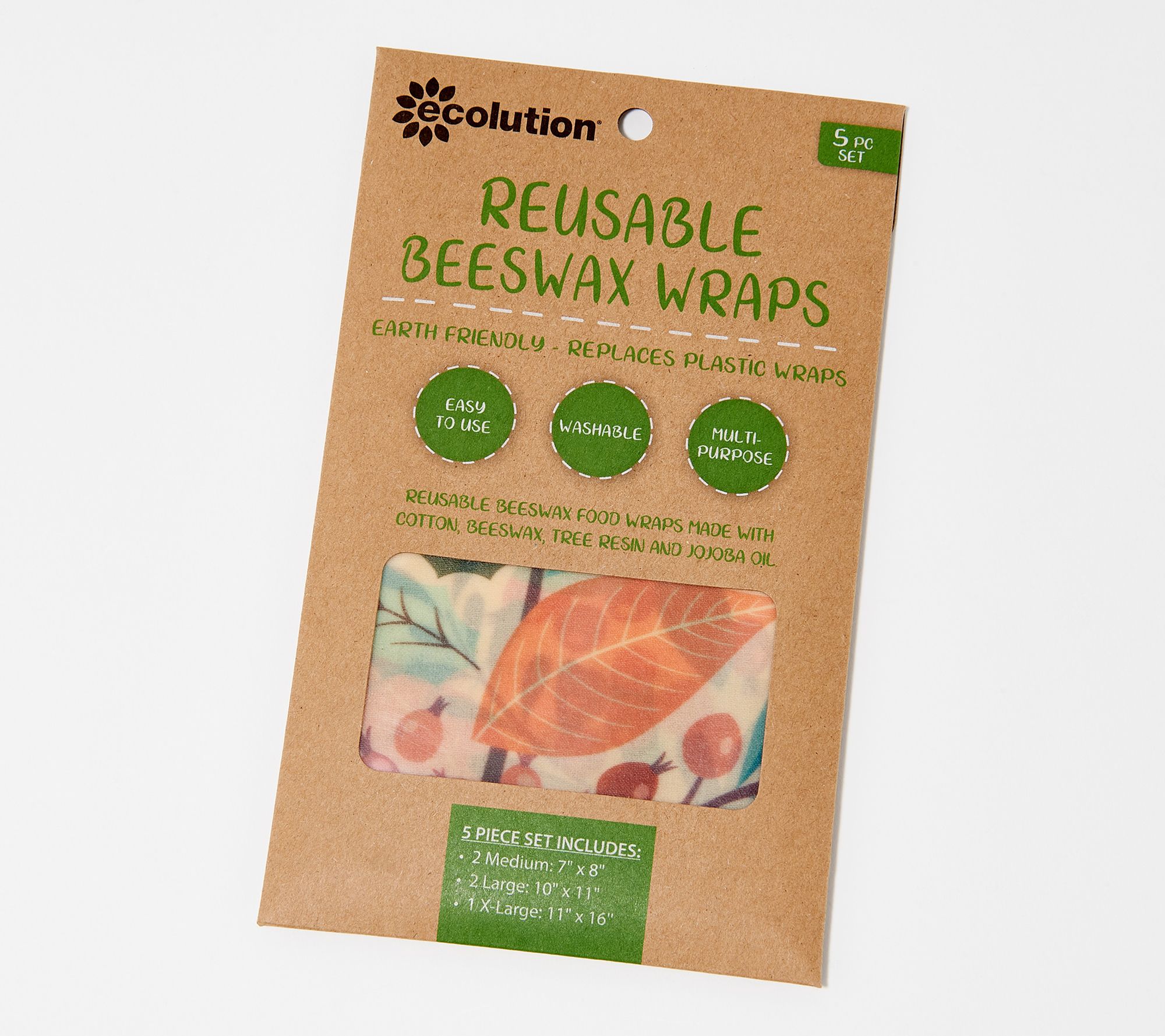 Ecolution 5Piece Reusable Beeswax Food Storage Wraps