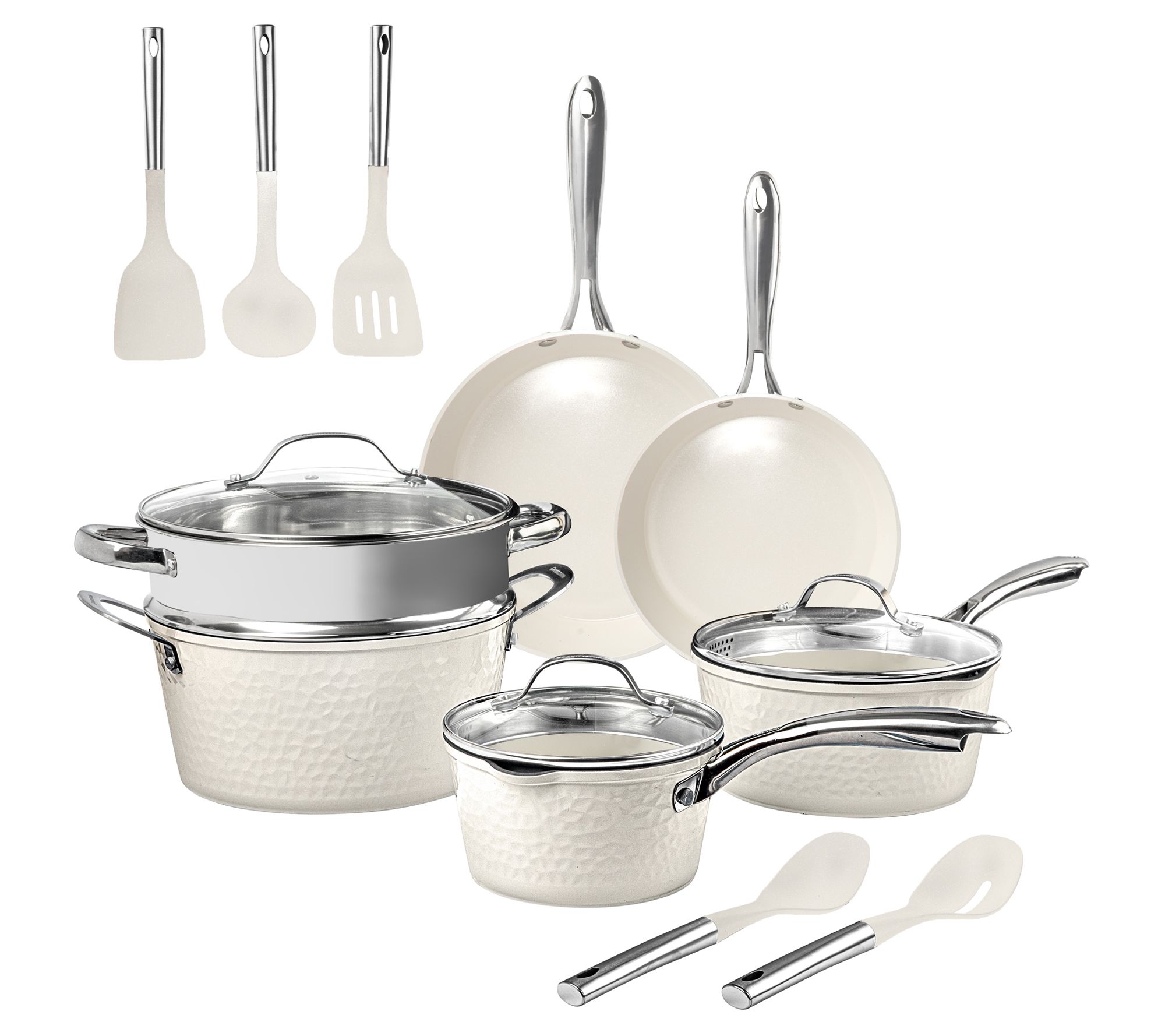 Gotham Steel Hammered Cream 15 Piece Cookware and Utensil Set