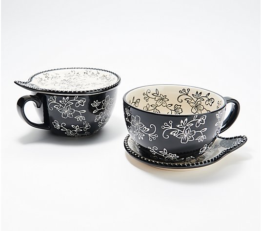Temp-tations Floral Lace Set of 2 Soup Mugs with Lid-its