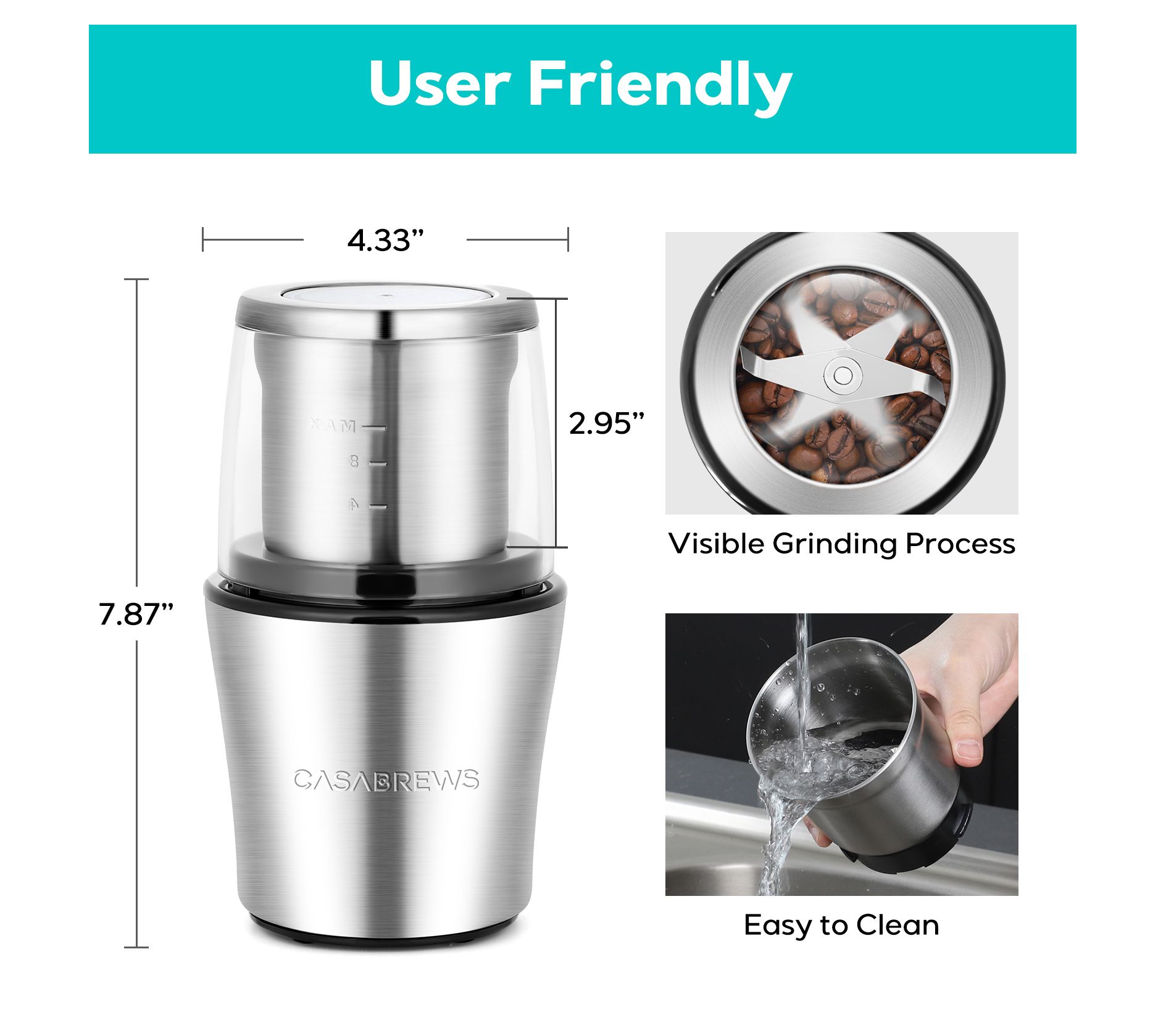 CASABREWS Electric Coffee Grinder One Touch Operation