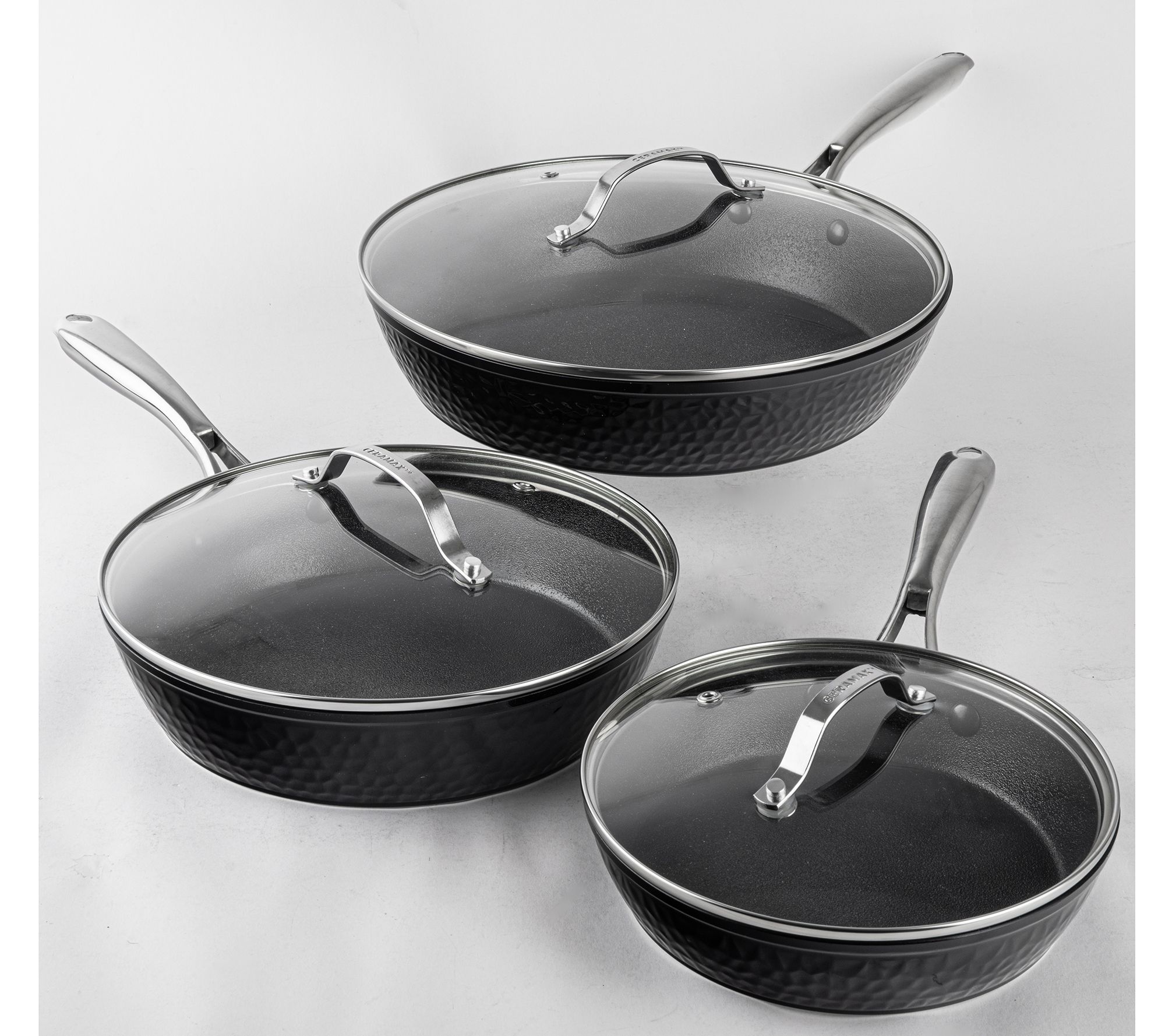 Ceramax by Granitestone 3-Pc Hammered Fry Pan Set w/ (3) Glass Lids