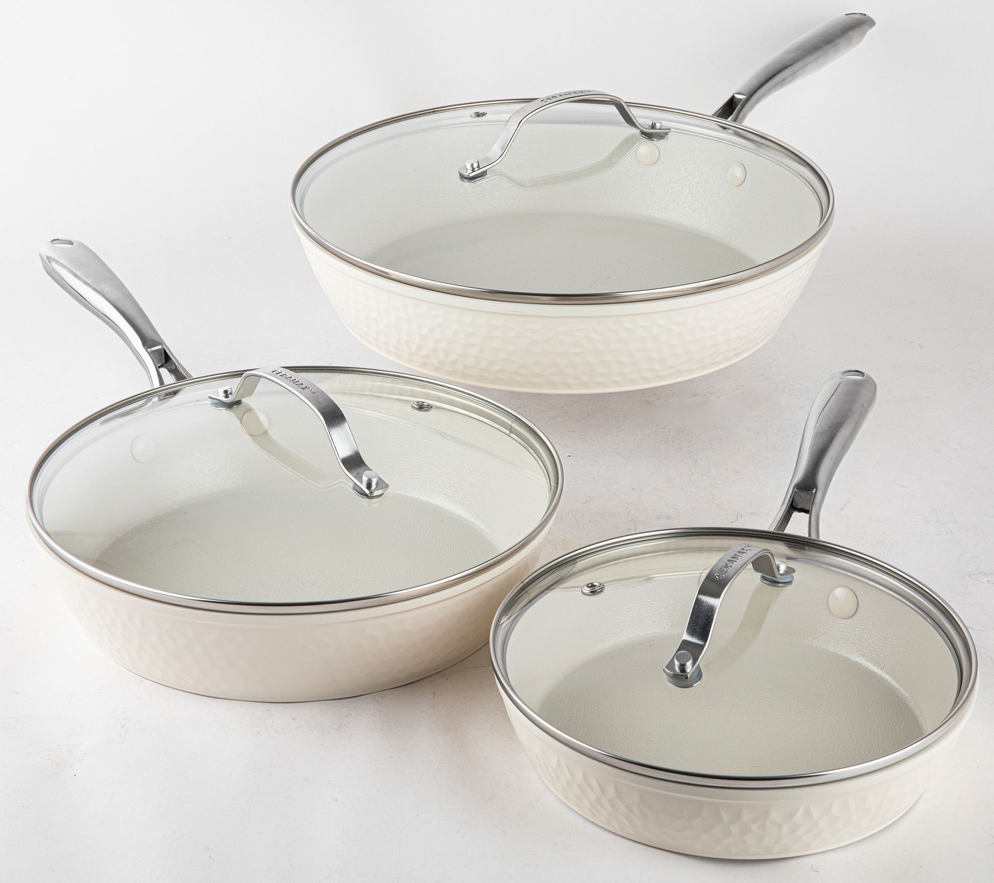Ceramax by Granitestone 3-Pc Hammered Fry Pan Set w/ (3) Glass Lids