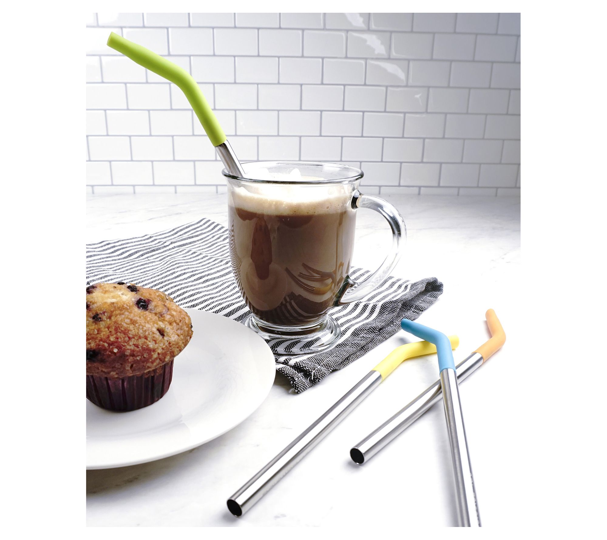 RSVP Reusable 9 Silicone Tip Stainless Steel Straw Set 