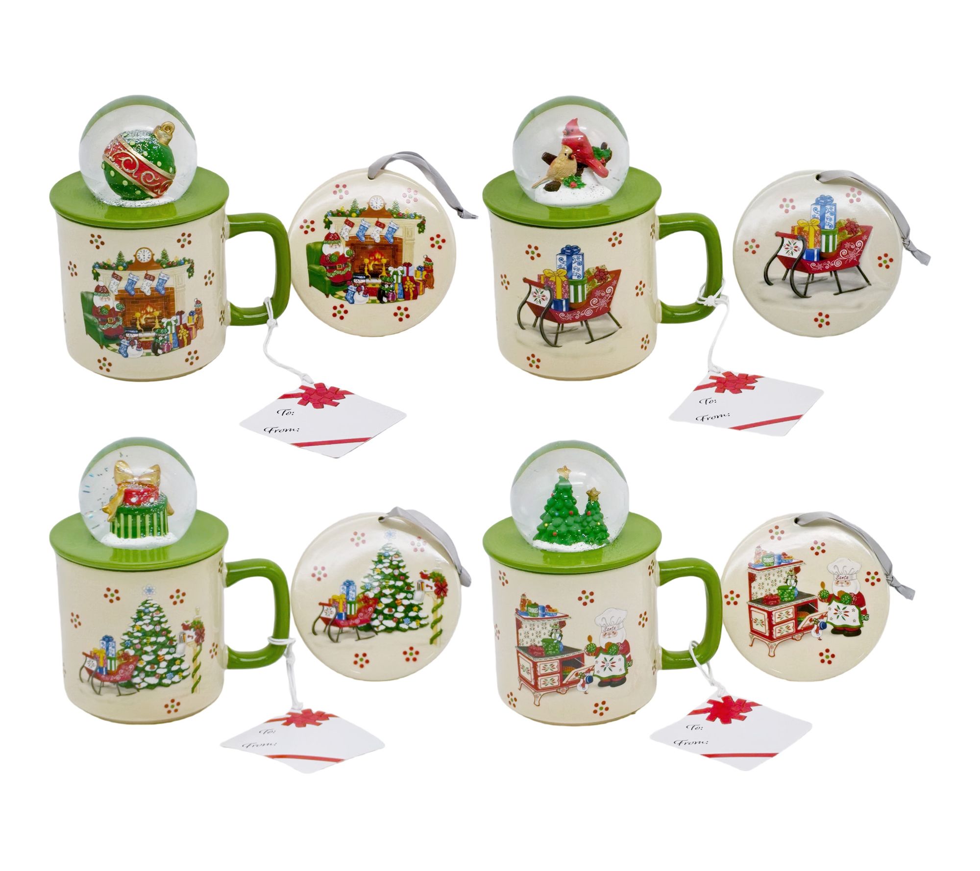 "As Is" Temp-tations S/4 18oz Mugs w/ Snow Globe Topper & Lid-It