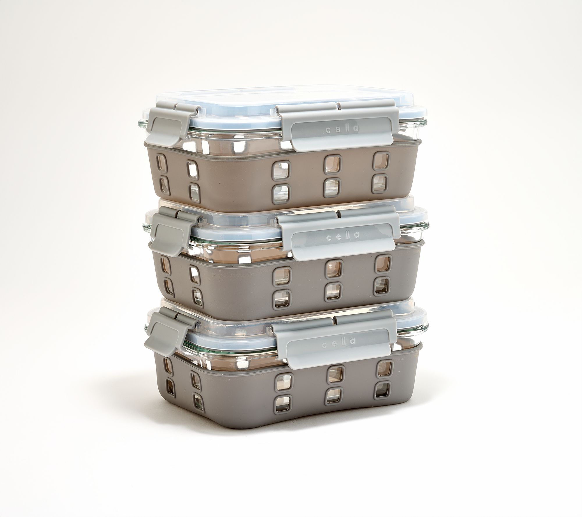 Cella S/(3) 6-Cup Rectangle GlassContainers w/ Domed Lid & Silicone Sleeve