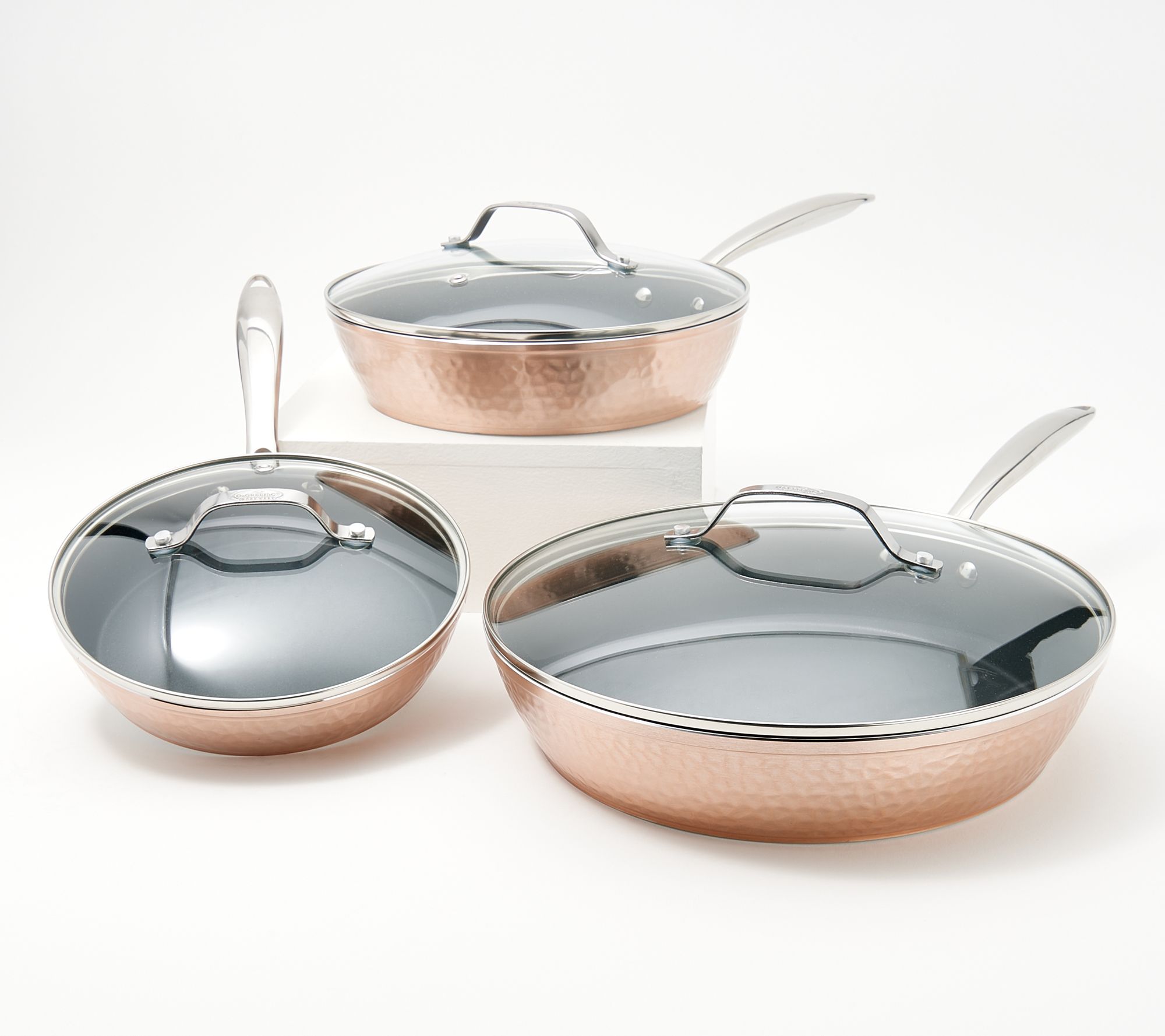 OrGREENiC Set of 3 Hammered Fry Pan Set with Glass Lids