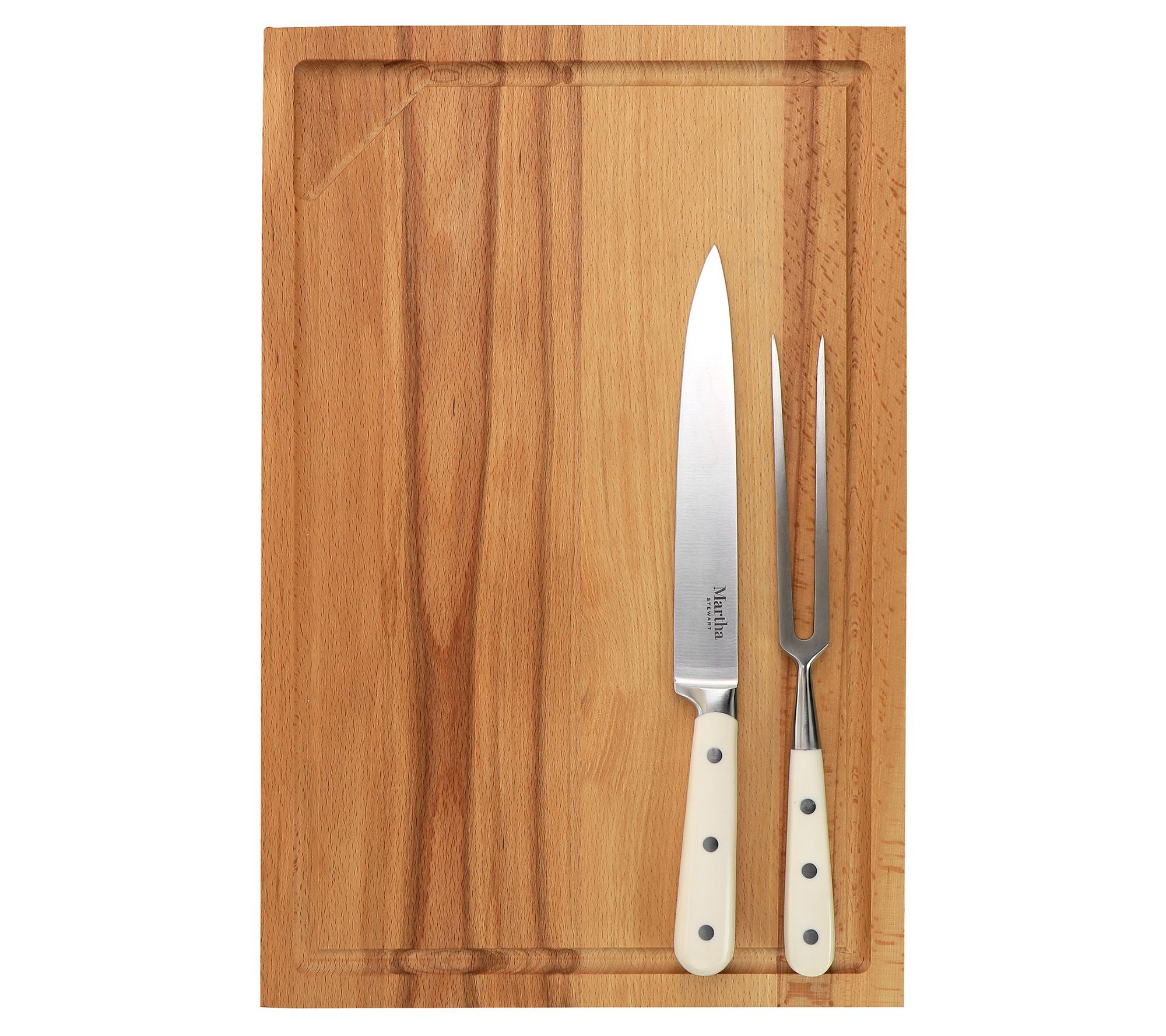 Martha Stewart Goswell 3 Piece Carving Board And Cutlery Set Cream