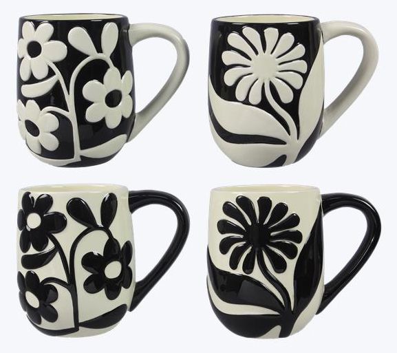 Young's S/4 Ceramic Black and White Raised Floral Design Mugs
