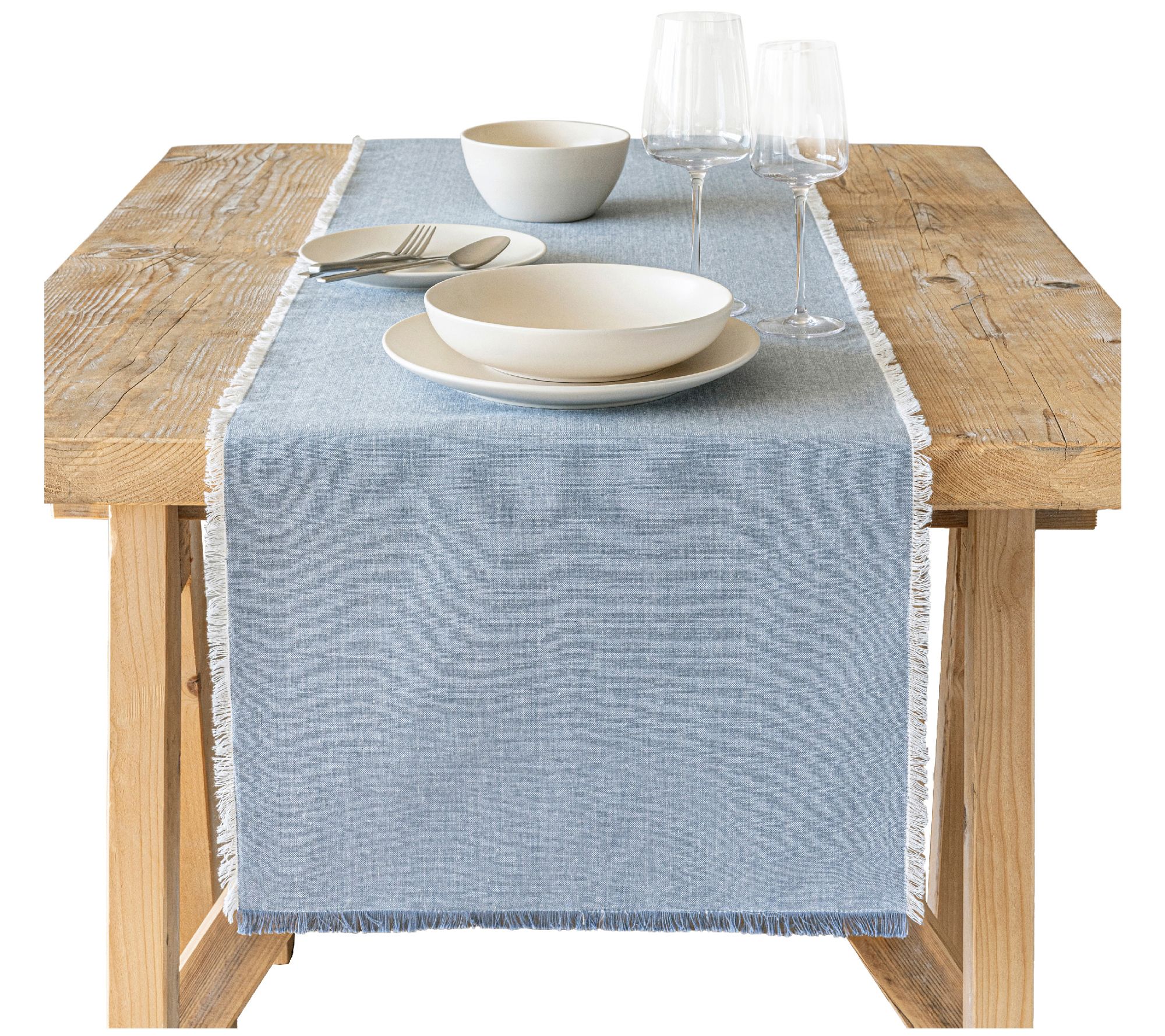 over&back Woven Frayed Chambray Cotton Table Ru nner
