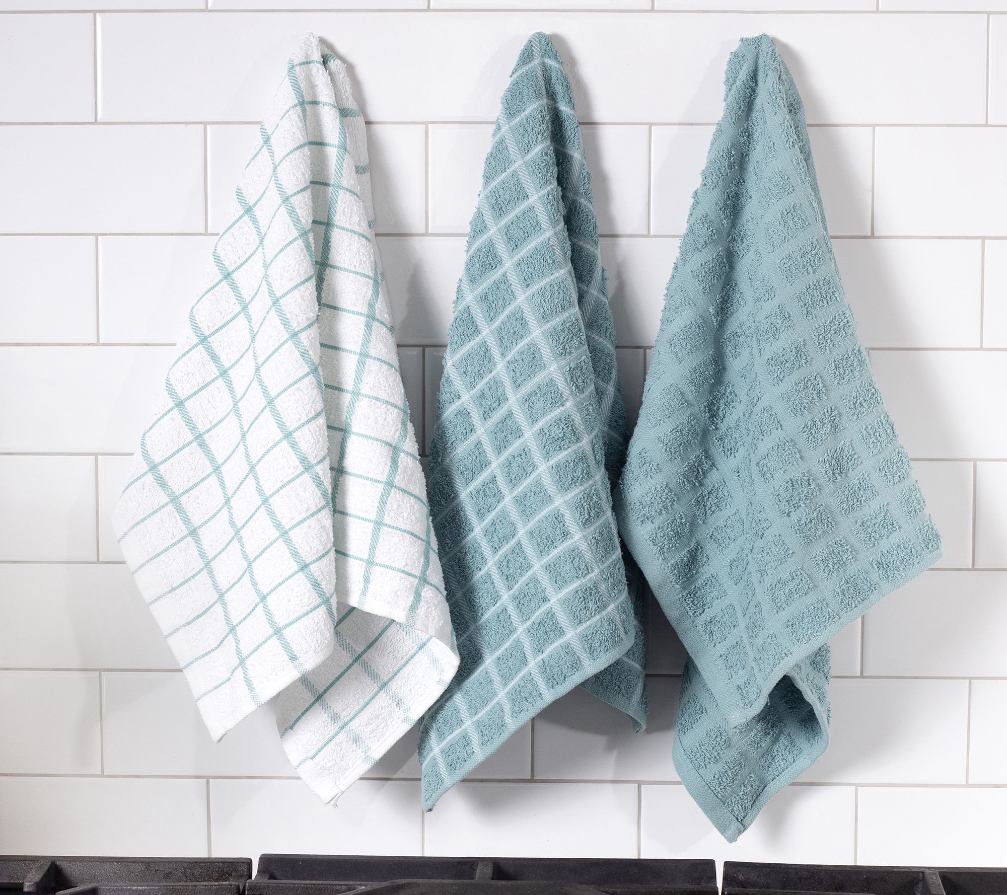 3-PK New CUISINART Cotton Kitchen Towels Gingham Plaid Blue White Assorted