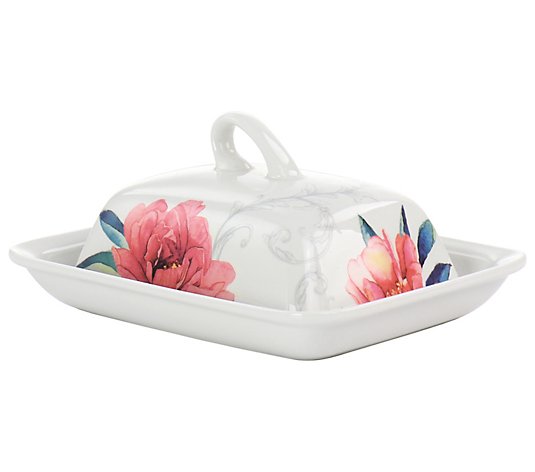 Martha Stewart 7.5 Inch Floral Ceramic Butter D ish with Lid