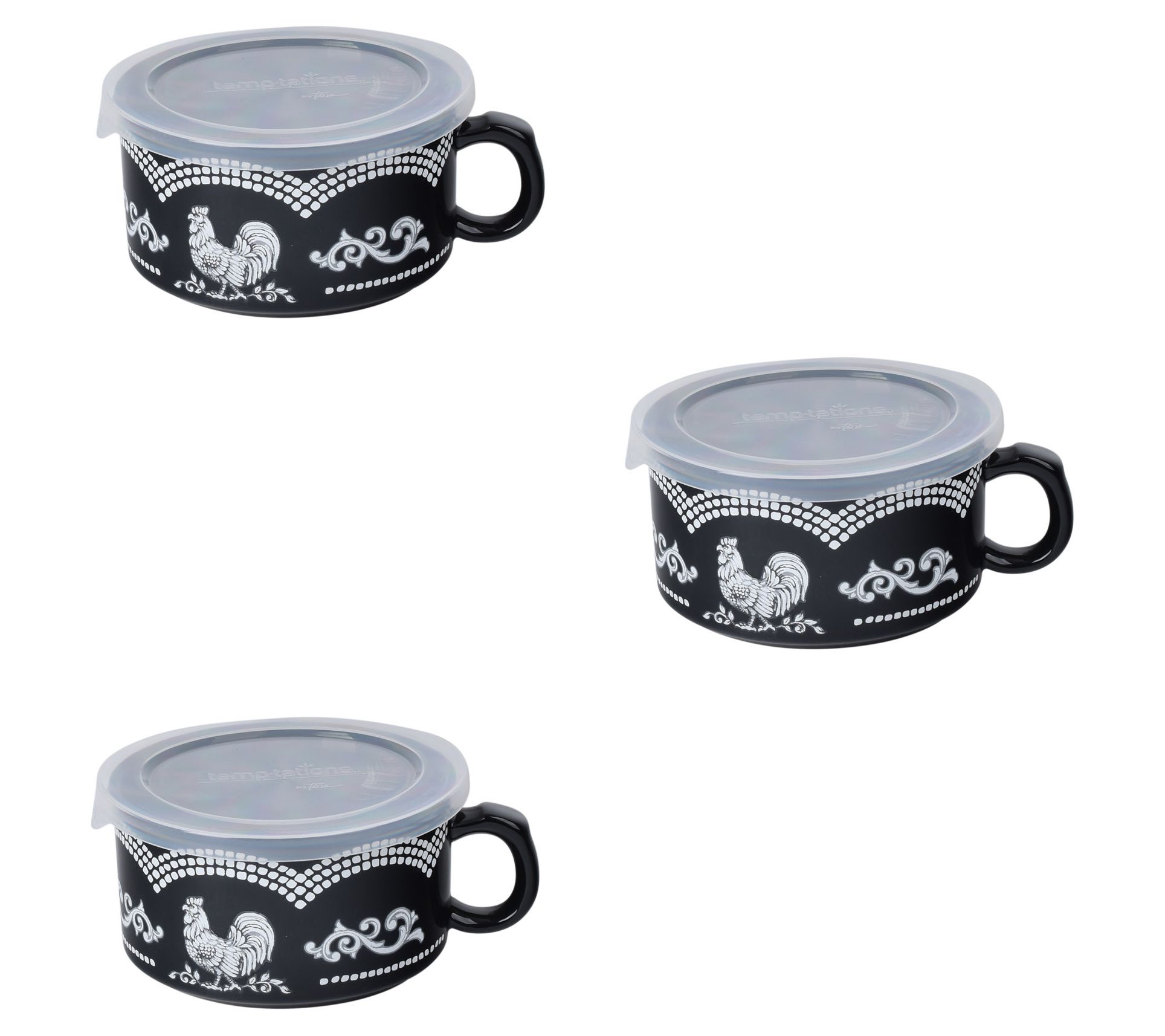 "As Is" Temptations Doodle Doo S/3 Seal the Meal Mugs w/ Lids