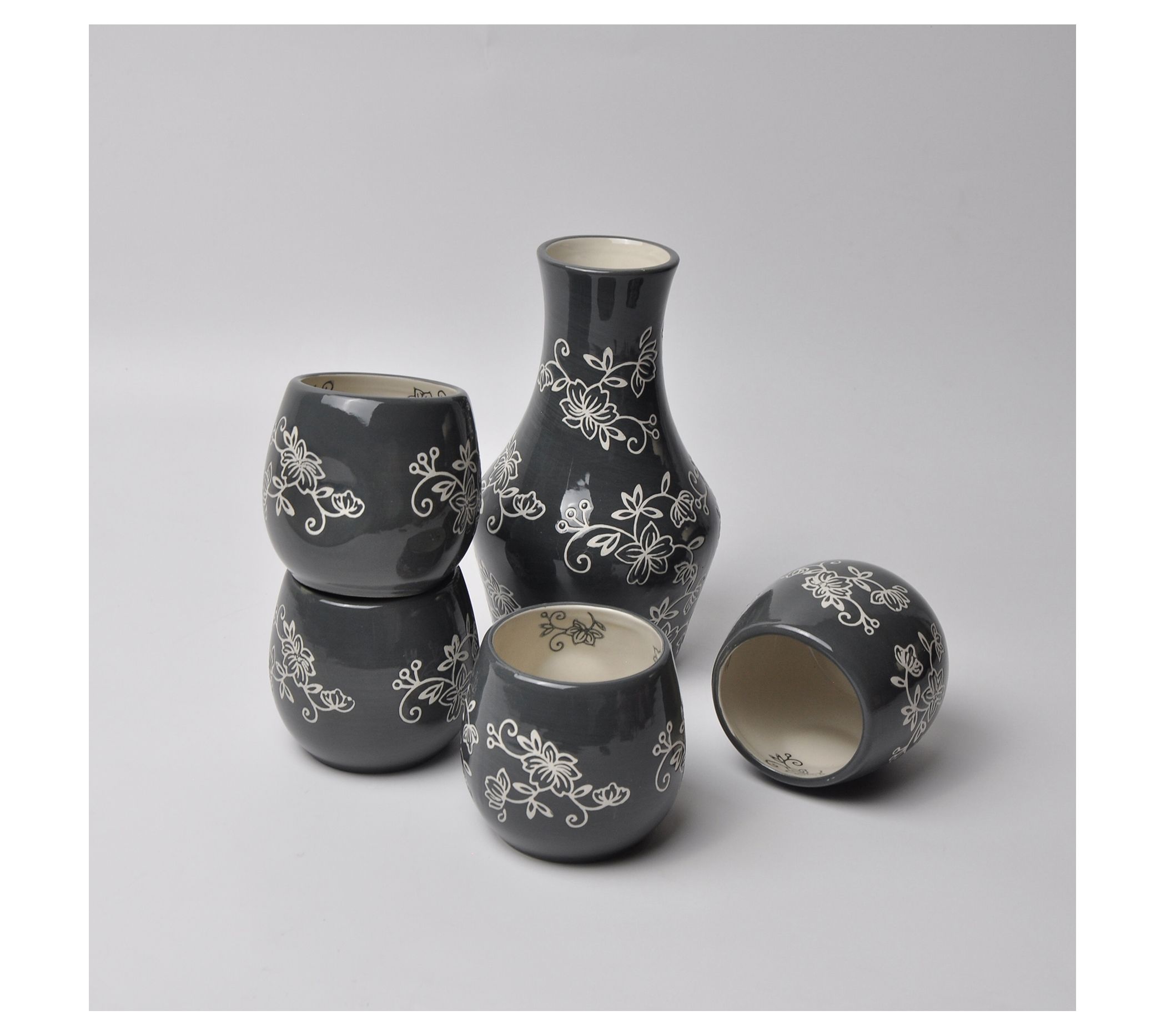 Temp-tations Set of 4 Floral Lace Grip Cups wit h Carafe