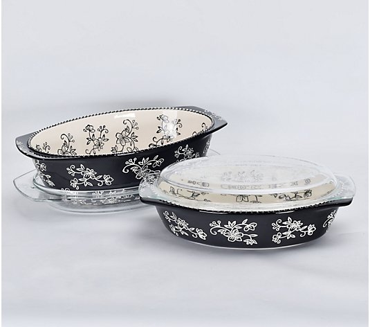 Temp-tations Floral Lace Set of 2 Oval Bakers with Glass Lids