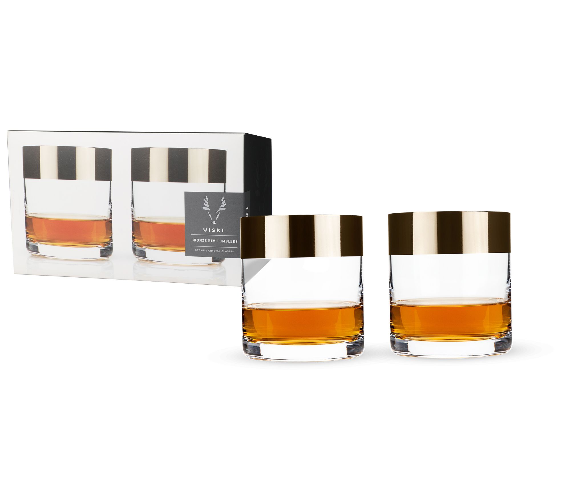 Viski Set of 2 Bronze Rim Crystal Tumblers