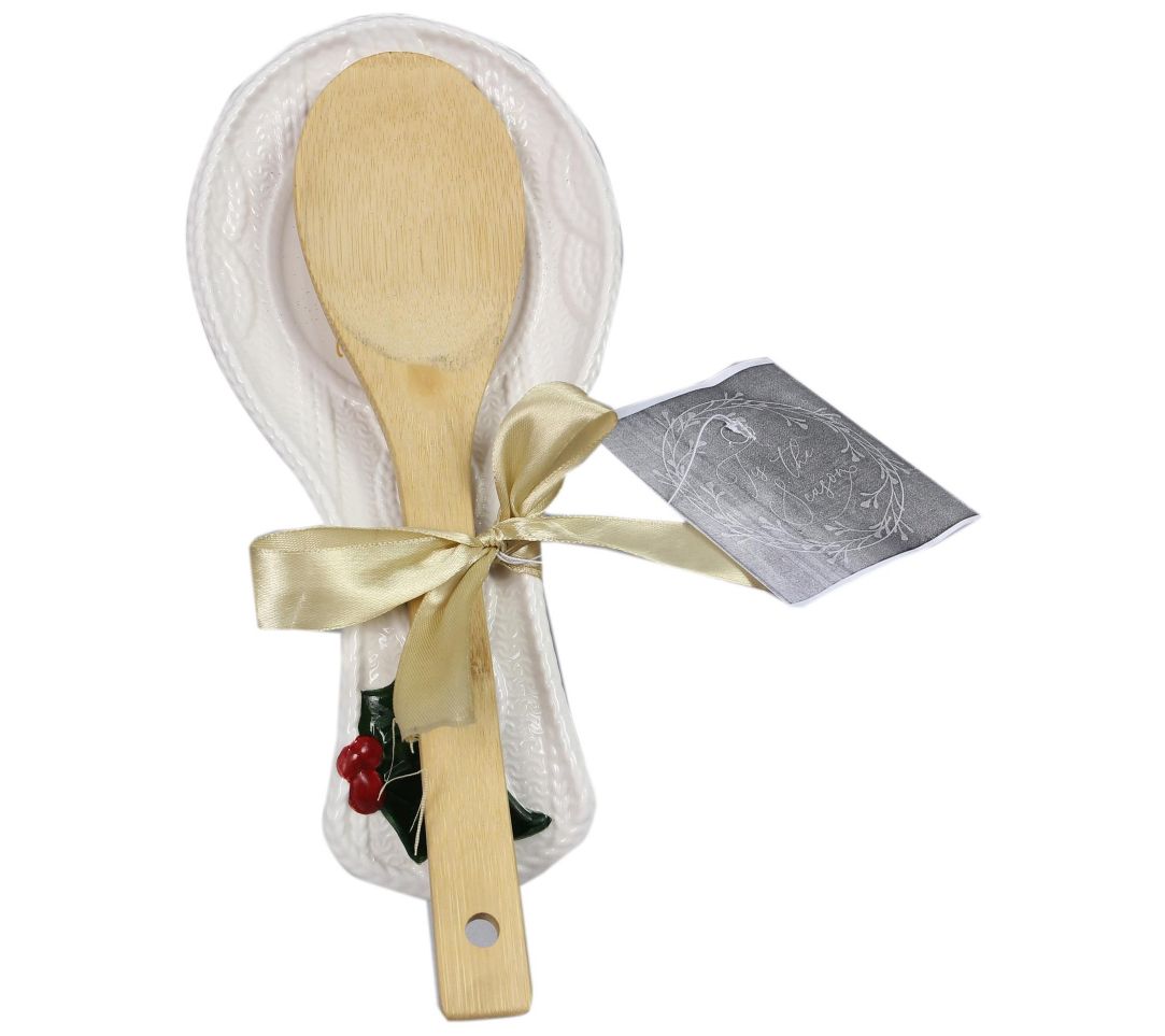 Young's Inc. Wintergreen Christmas Ceramic Spoo n Rest w/ Spoo