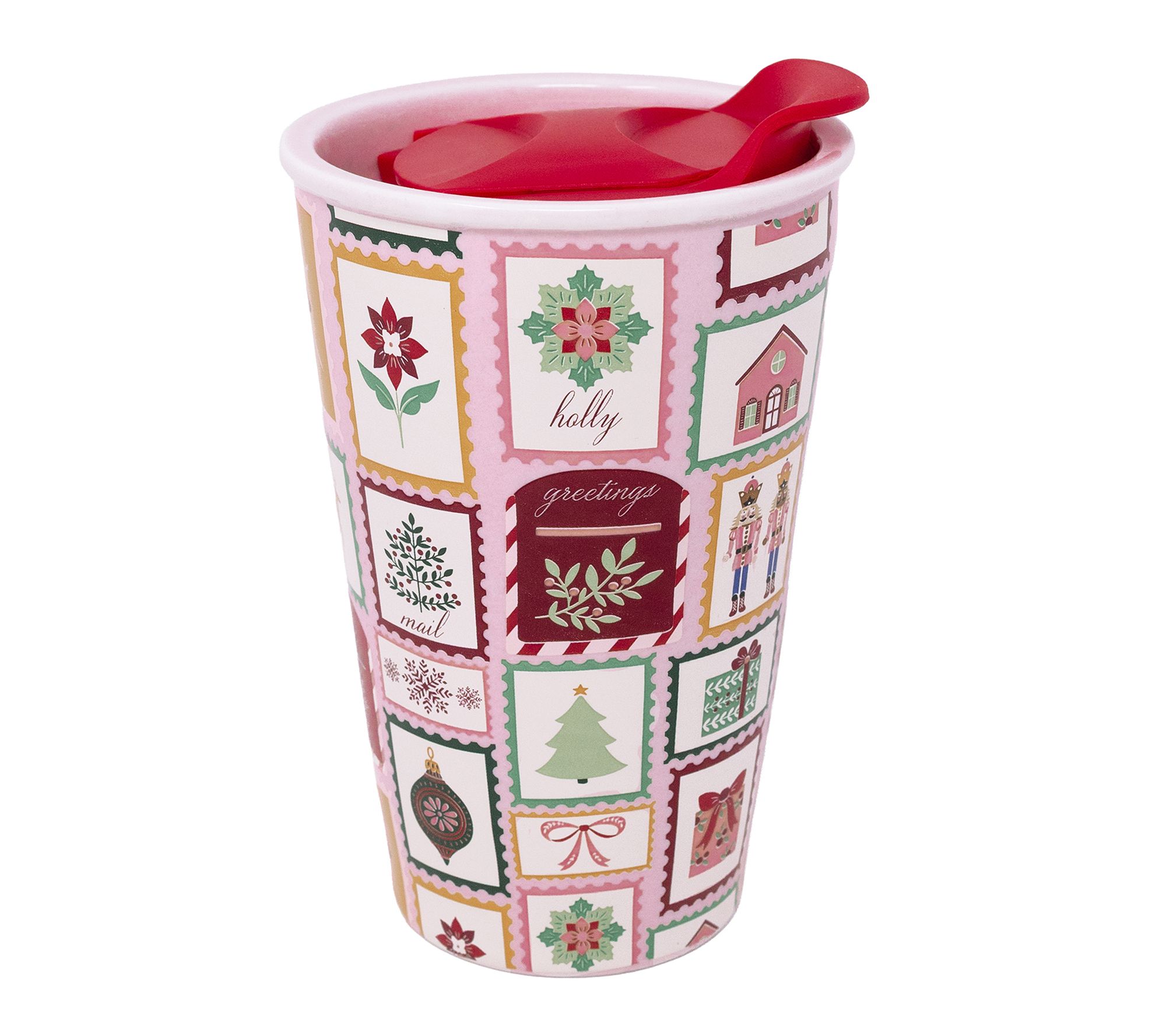 Martha Stewart Ceramic Travel Mug, Holiday Stamps