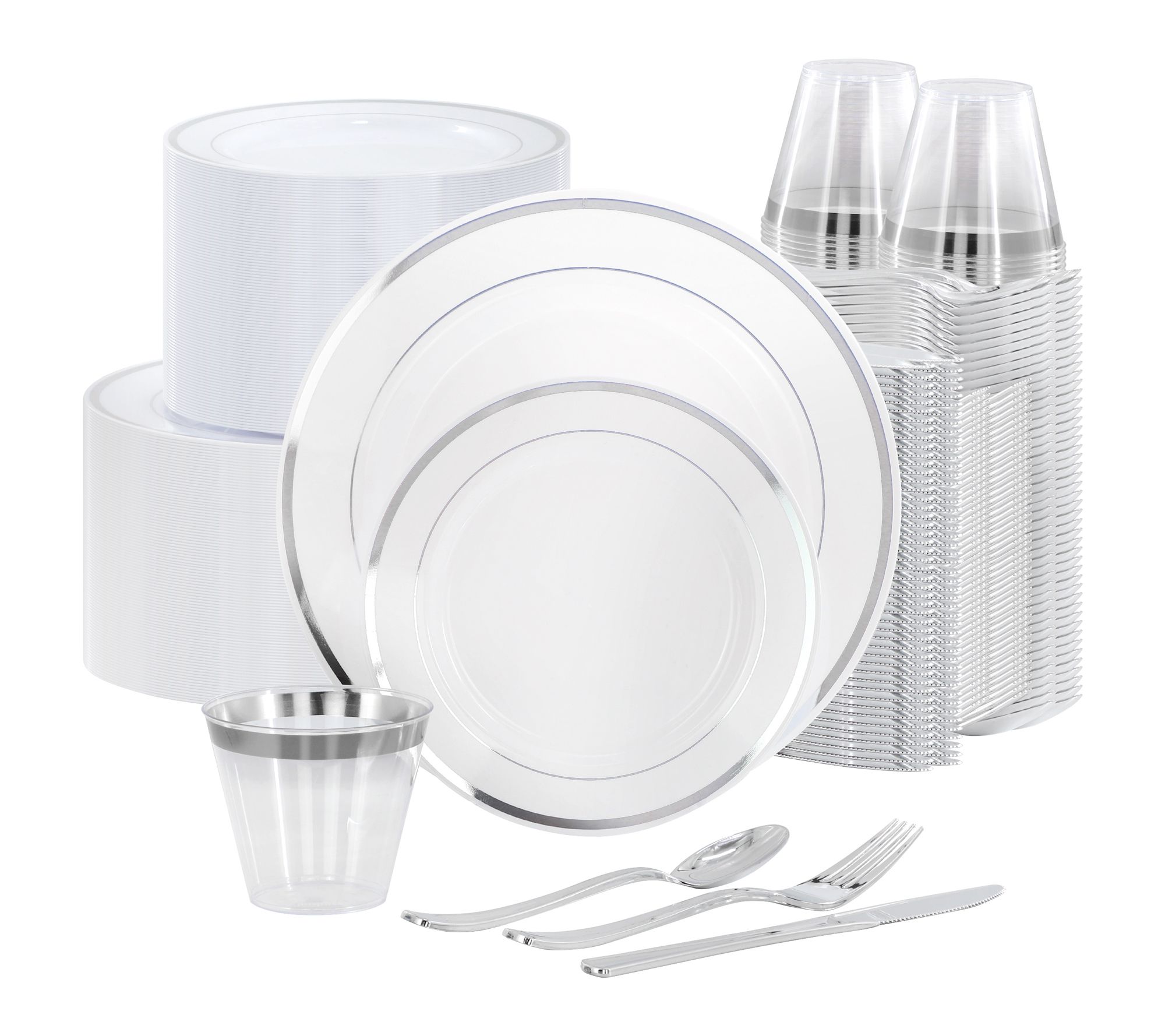 Elama 600 Pc Disposable Dinnerware Set for 100in White Silver